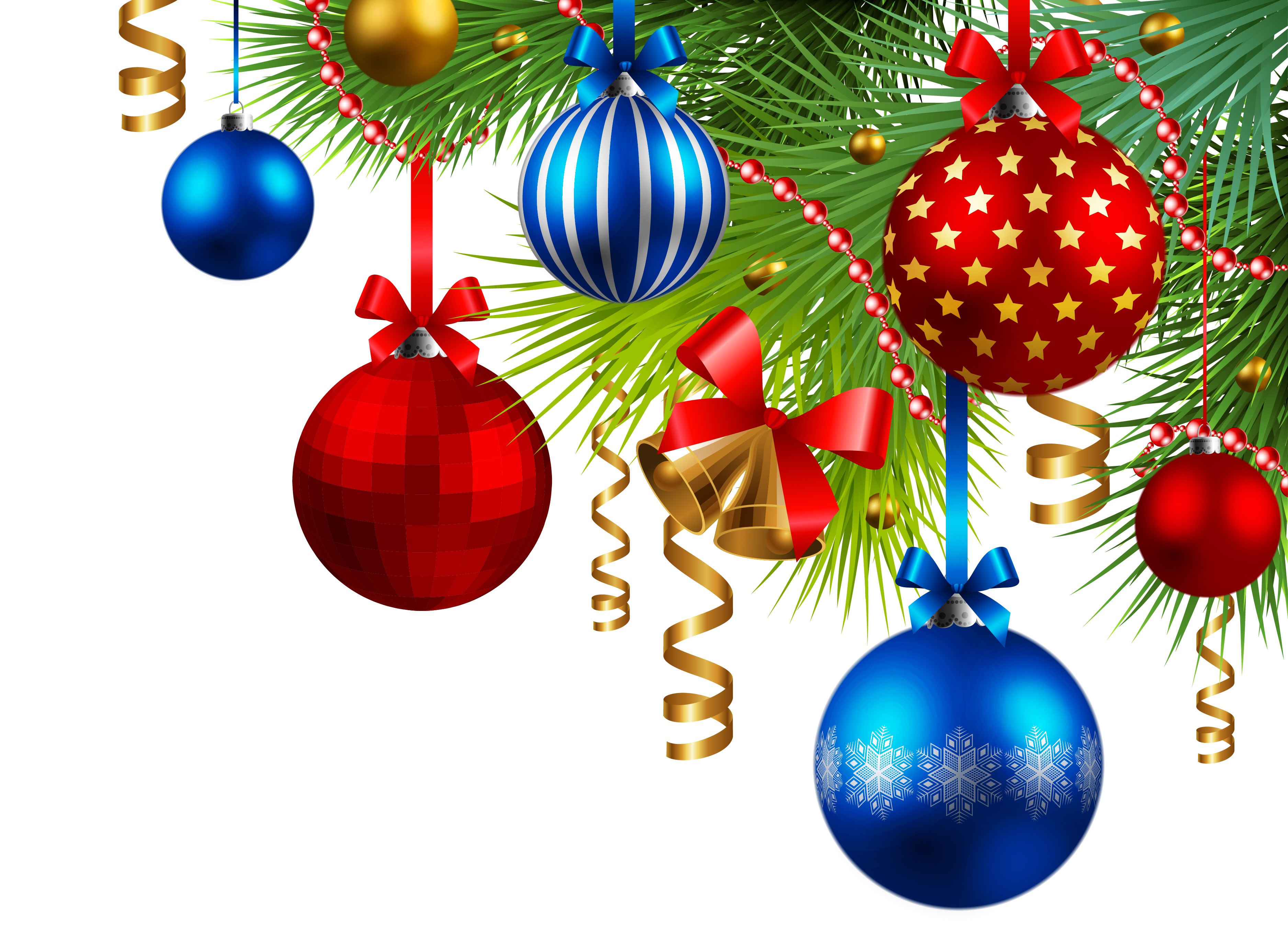 Christmas ornaments and bells on pine branches HD Wallpaper