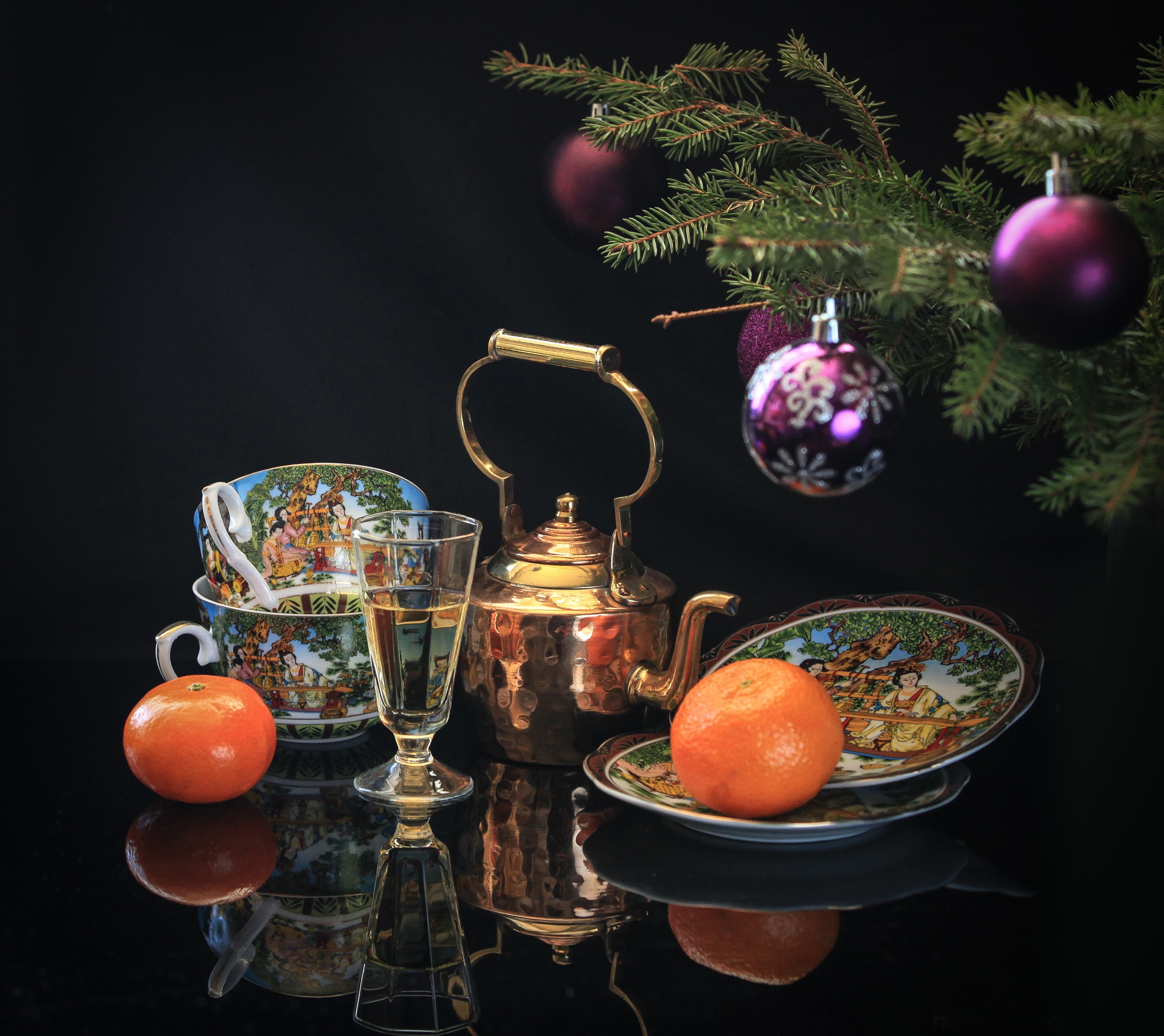 Christmas still life with tangerines and tea set HD Wallpaper
