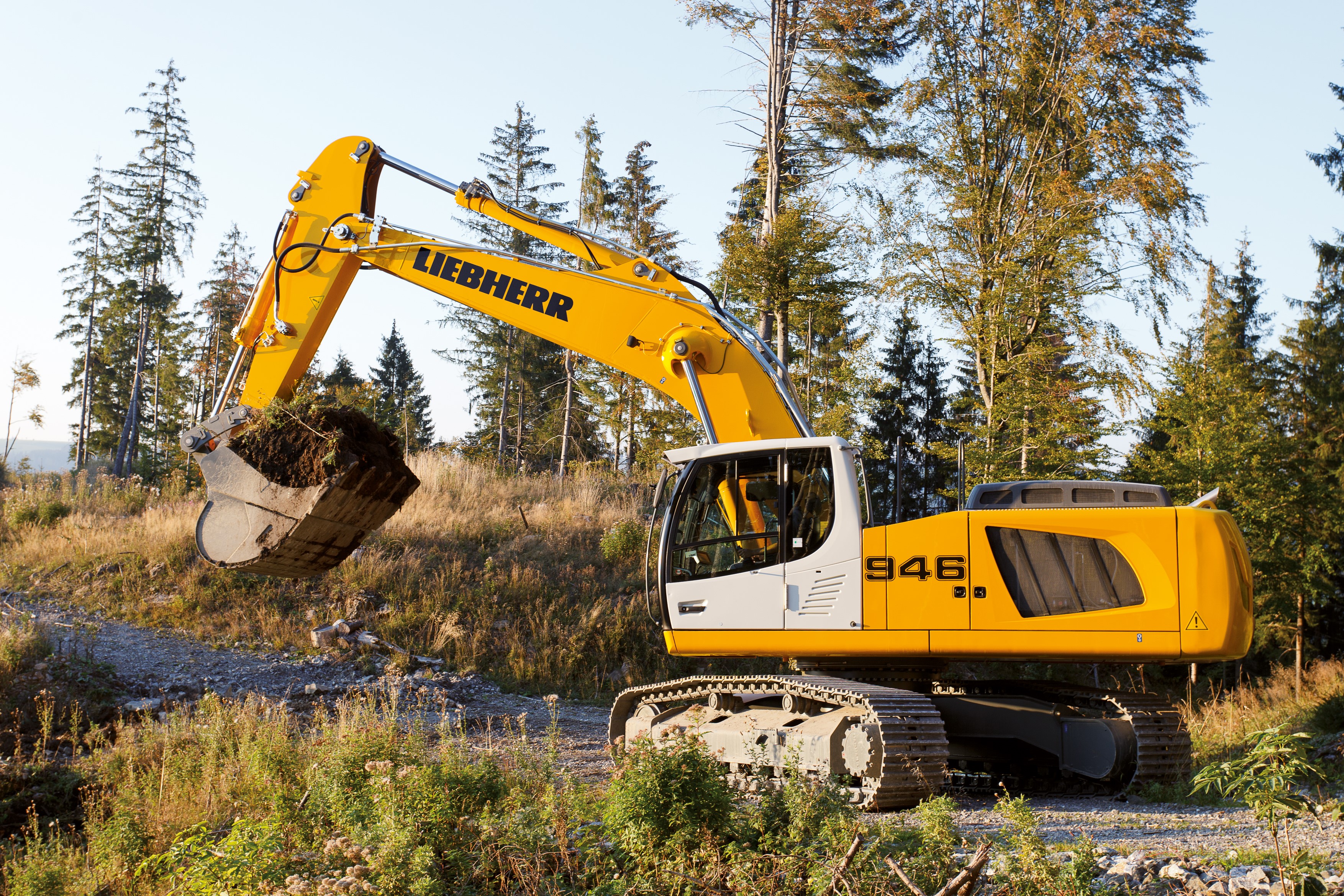 Liebherr R 946 Litronic Excavator in a Forest HD Wallpaper