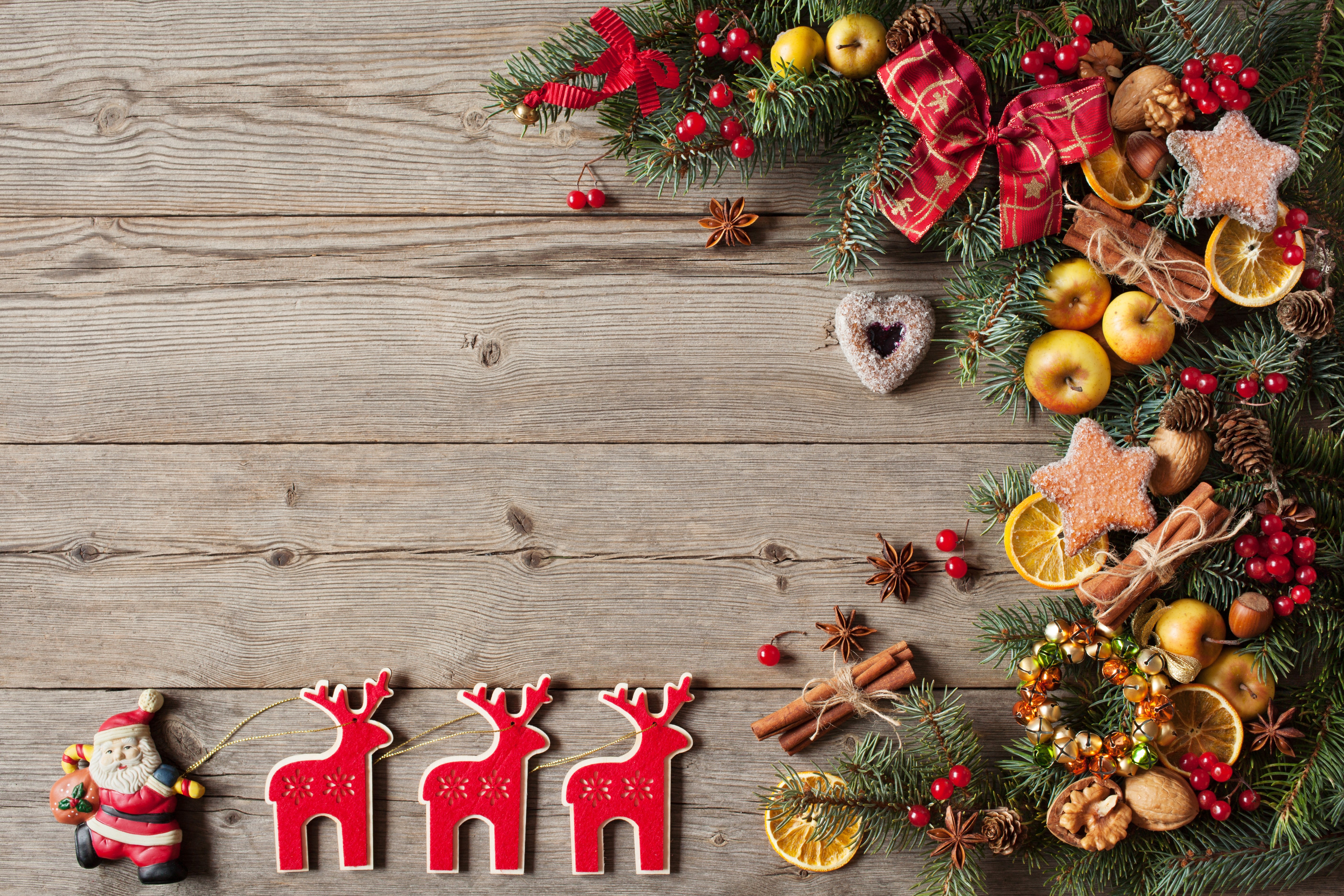 Christmas Decorations on Wooden Background HD Wallpaper