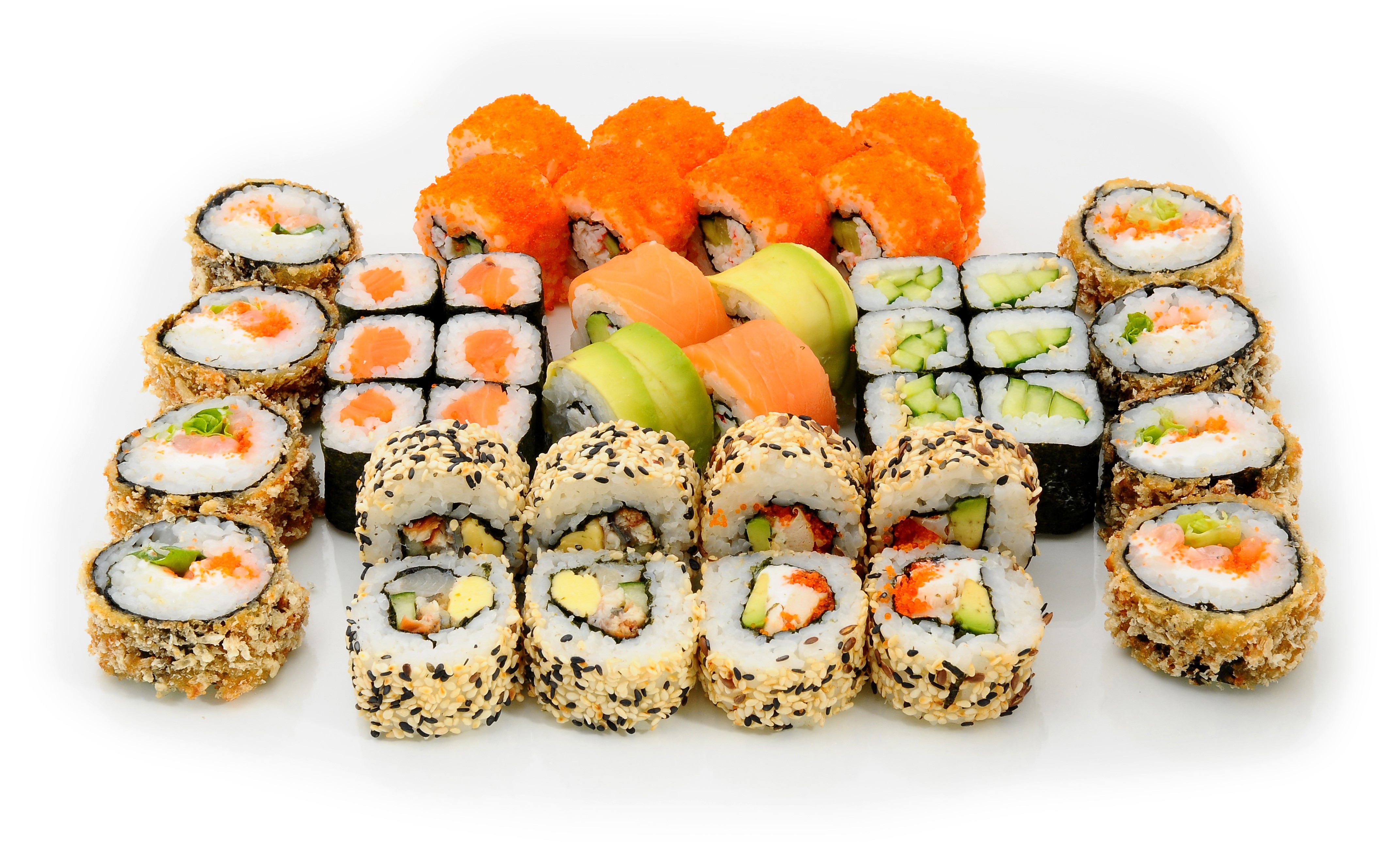 Assortment of Sushi Rolls on White Background HD Wallpaper