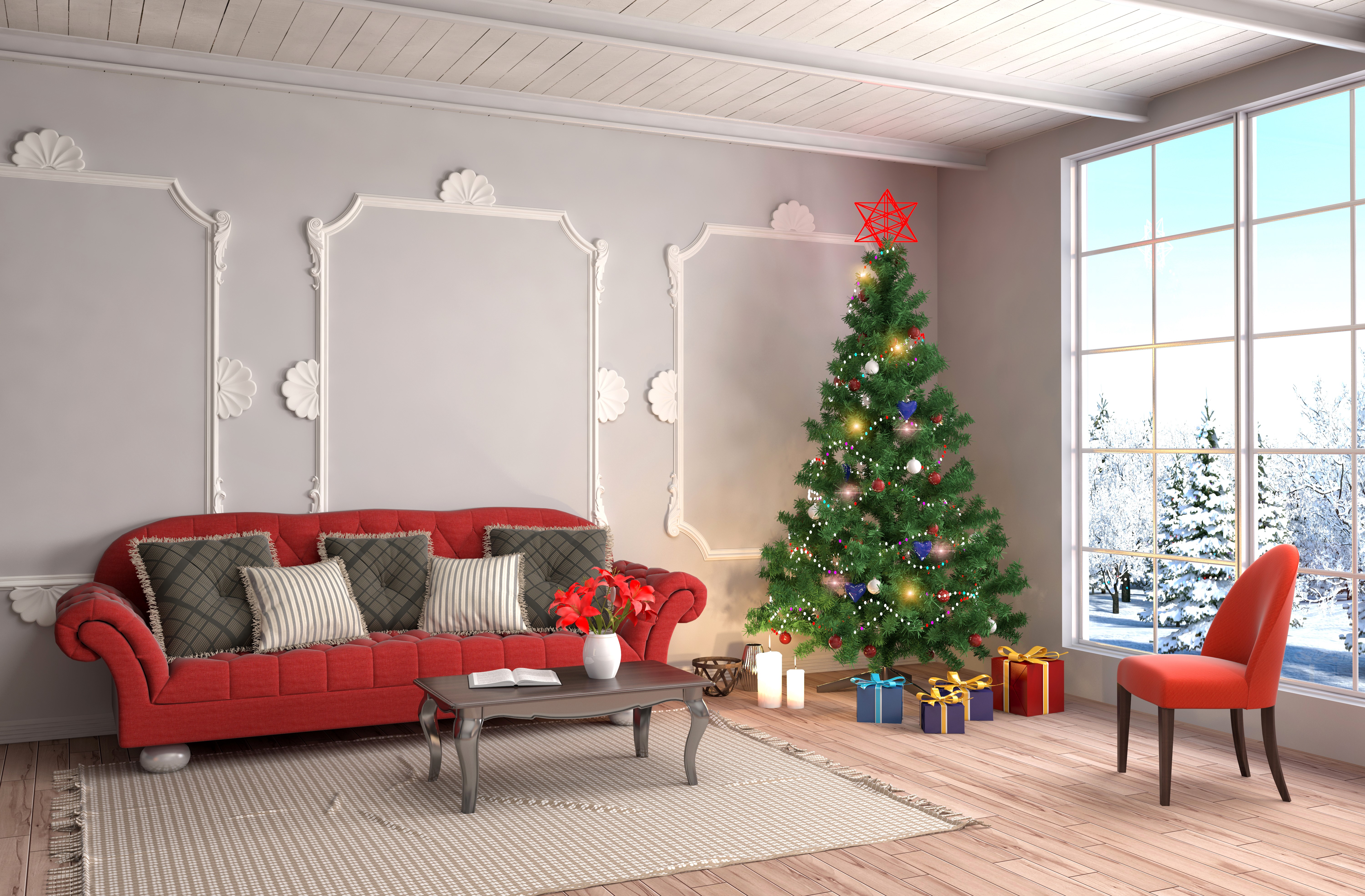 Christmas interior with tree, sofa, and gifts HD Wallpaper