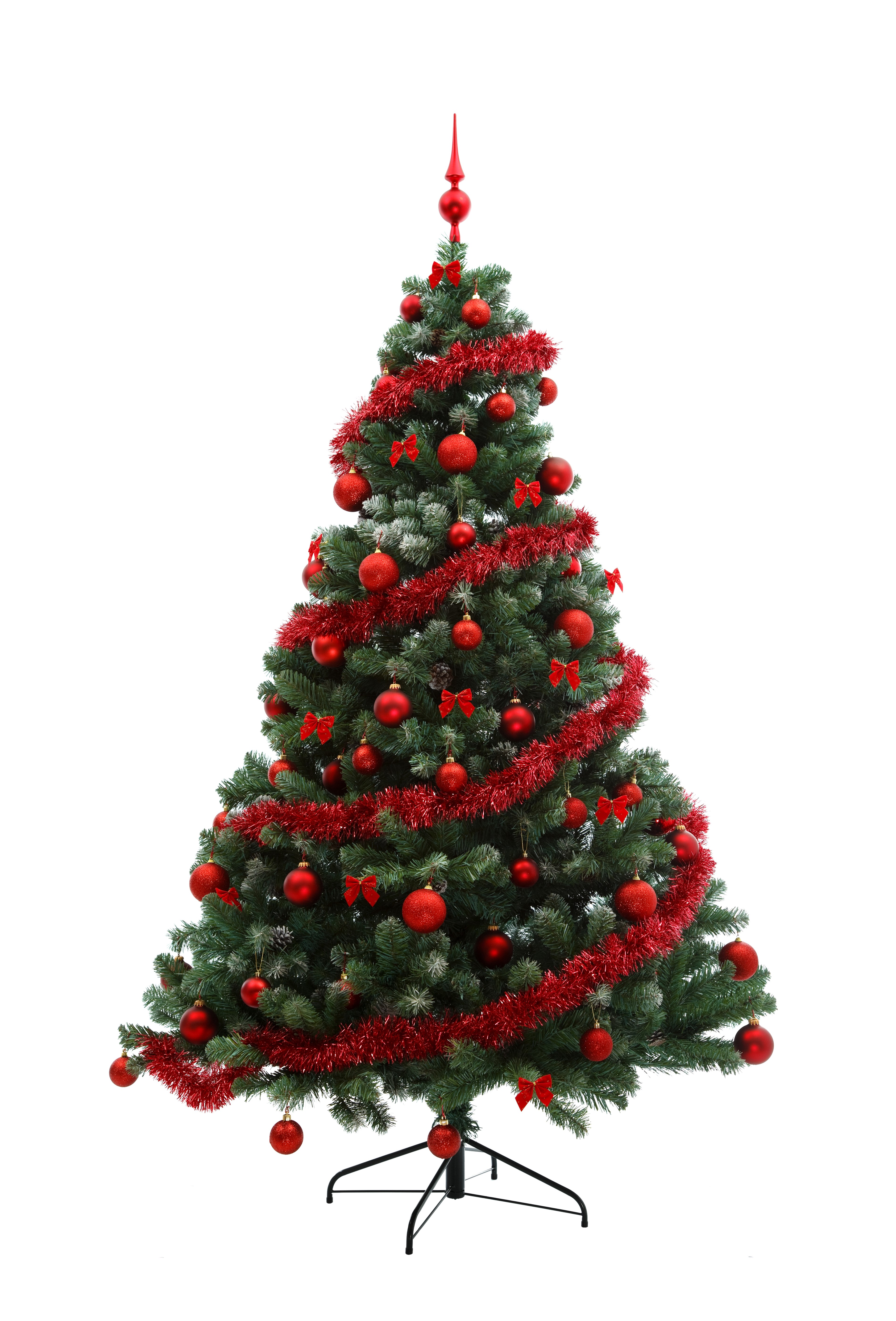 Decorated Christmas tree with red ornaments and tinsel HD Phone Wallpaper