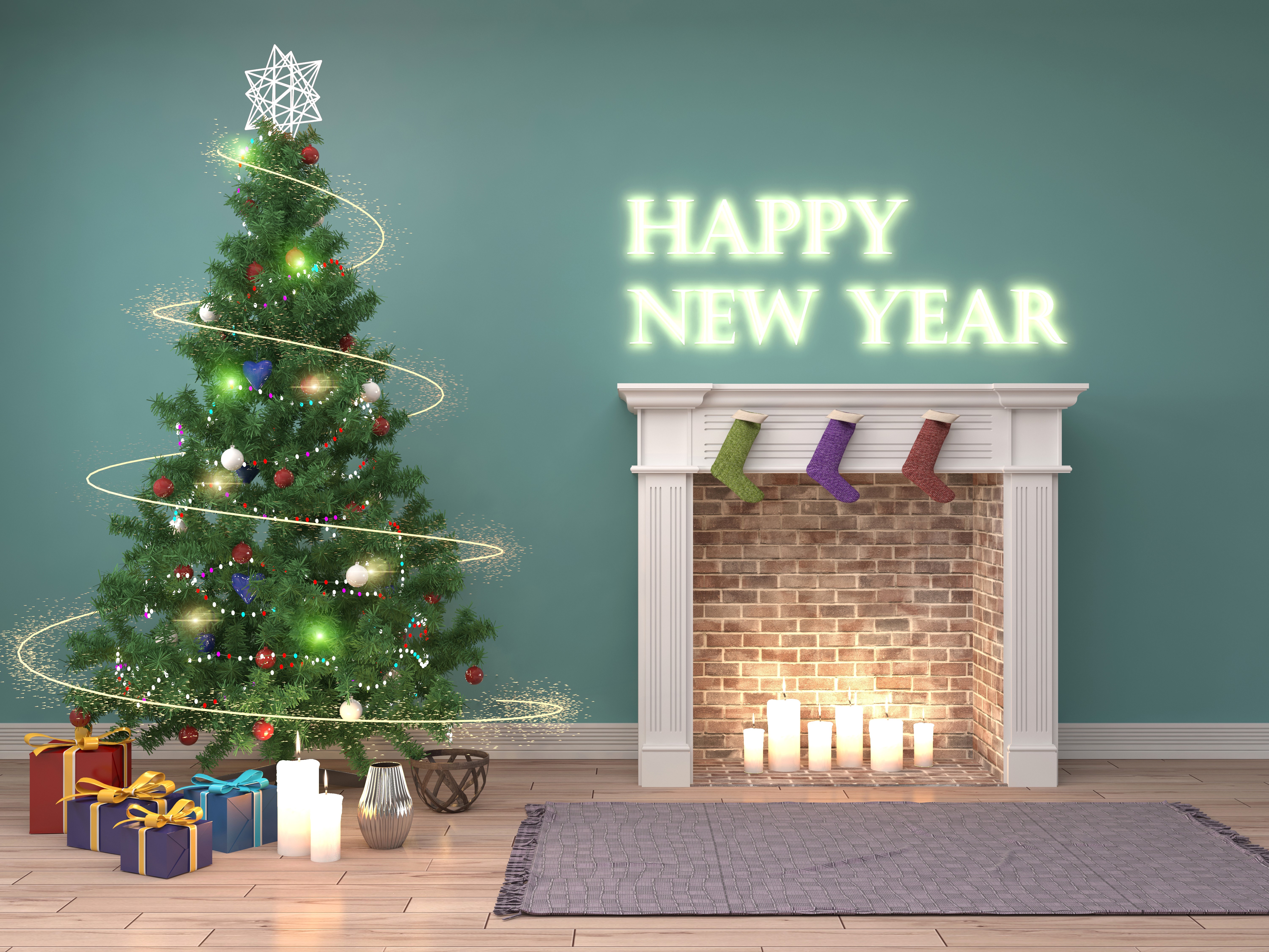 Christmas Tree and Fireplace with "Happy New Year" Neon Sign HD Wallpaper