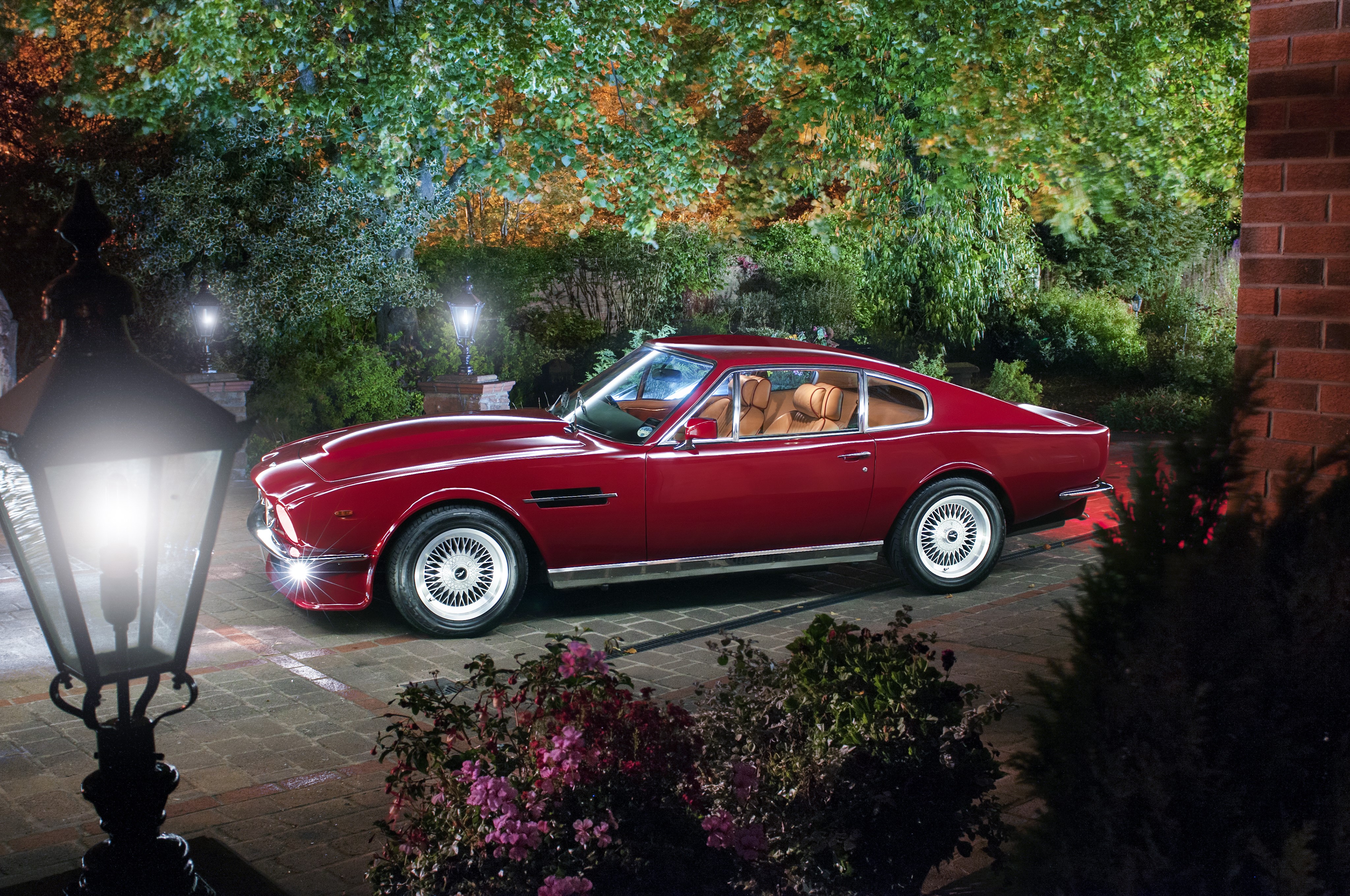 Red Aston Martin V8 Vantage parked at night HD Wallpaper