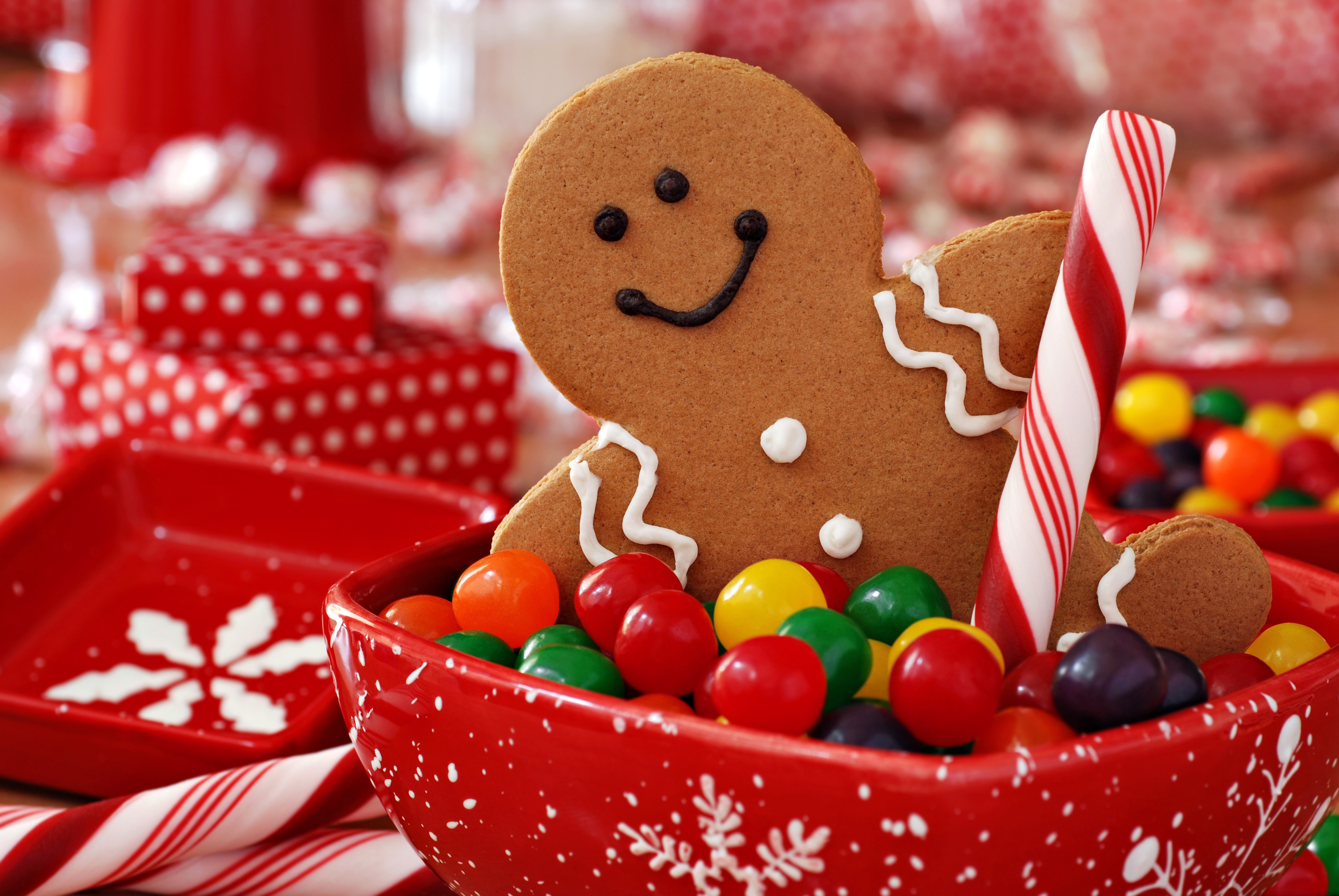Christmas gingerbread cookie with candies and candy canes HD Wallpaper