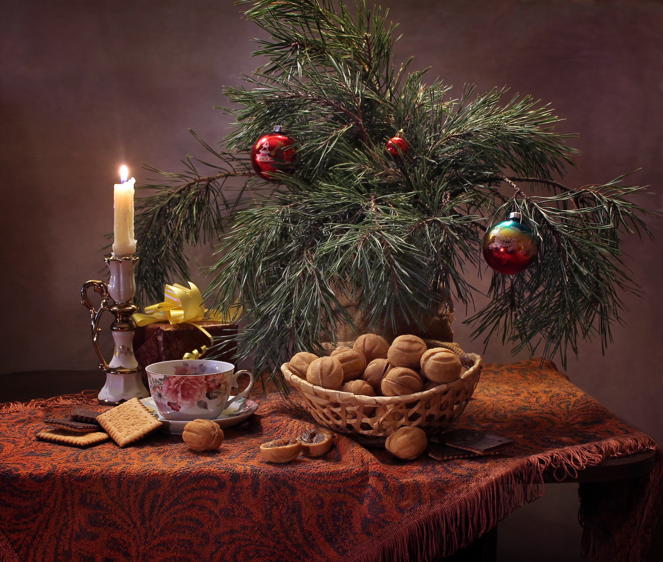 Christmas still-life with nuts, cookies, and candle HD Wallpaper
