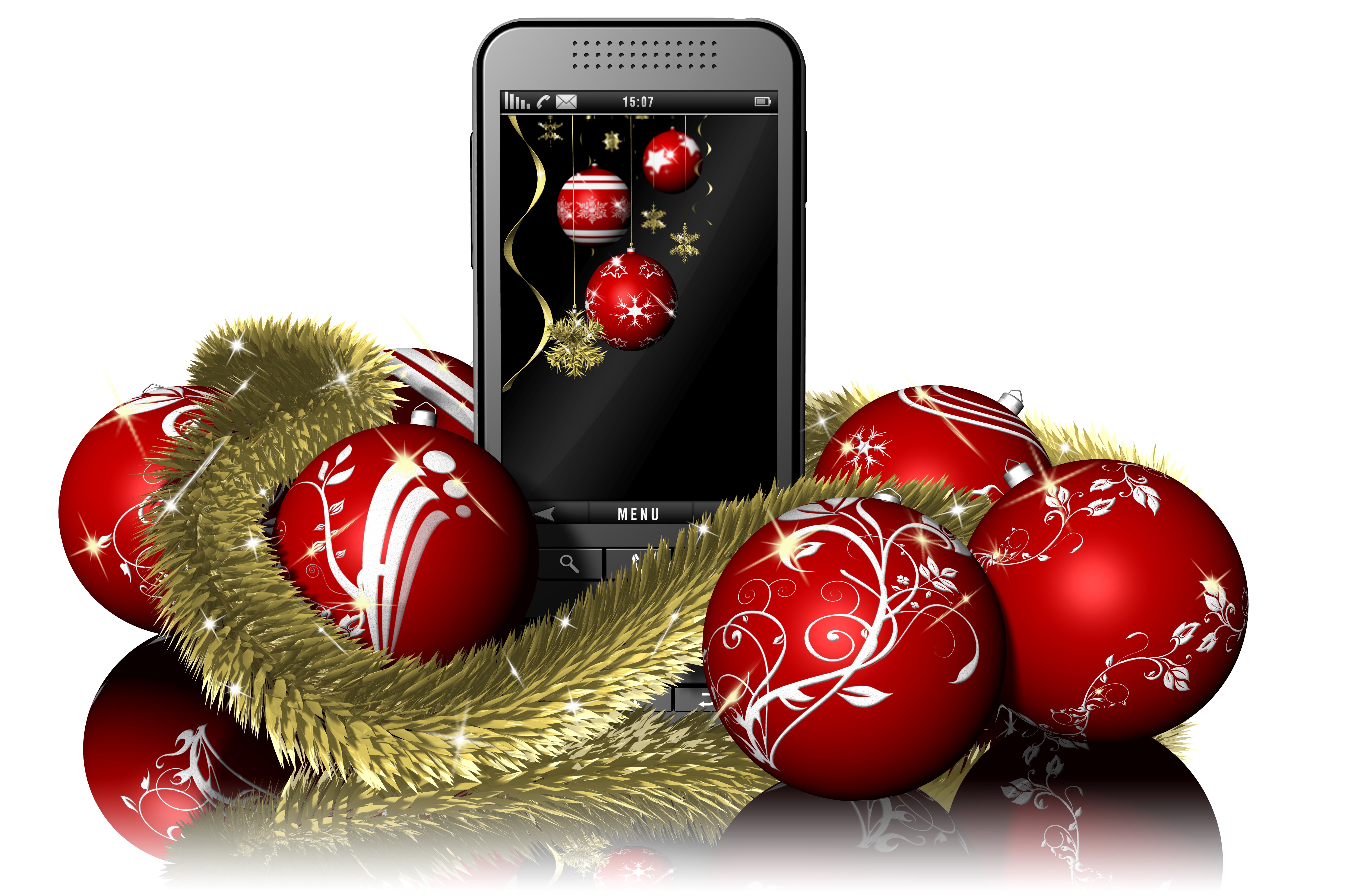 Christmas ornaments and mobile phone HD Wallpaper