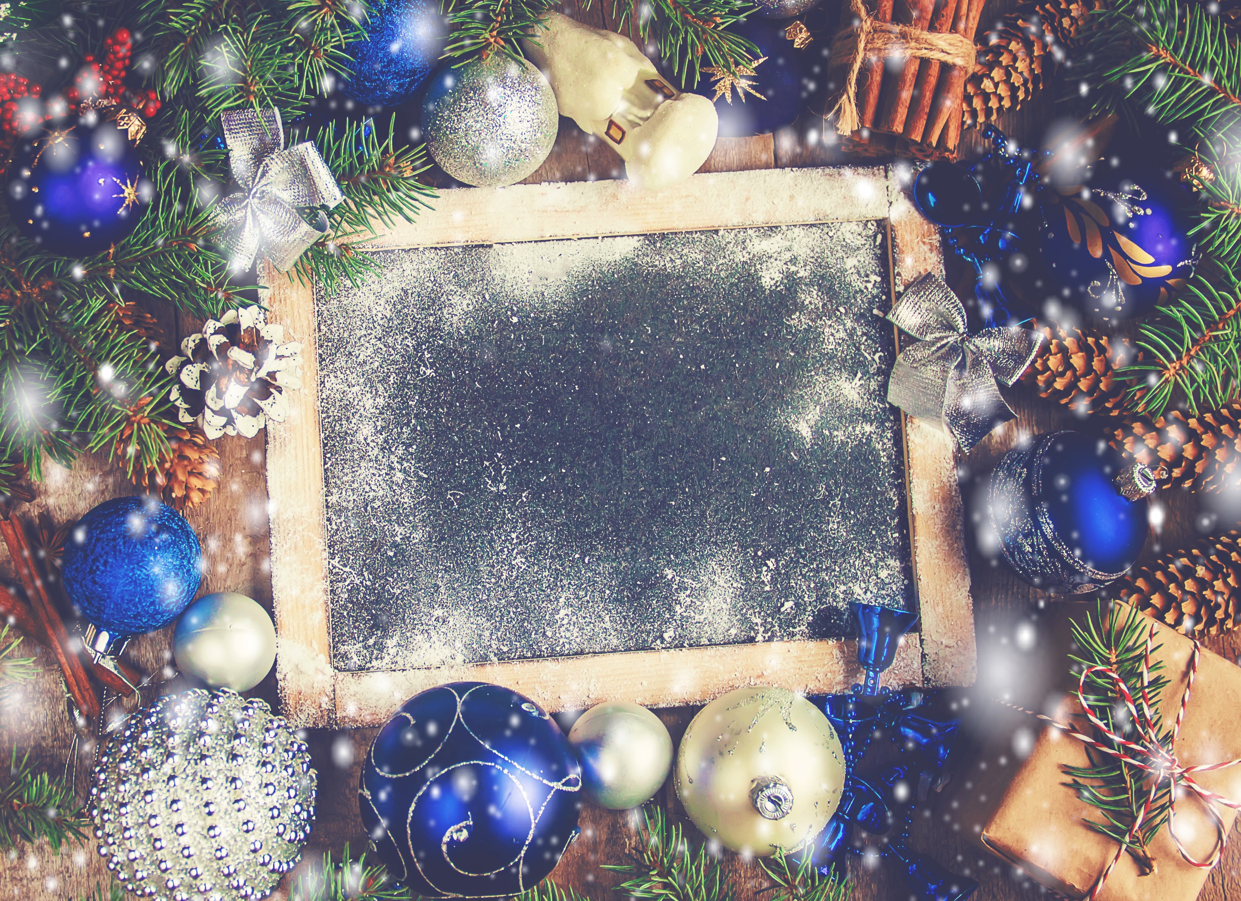 Christmas balls and pine cones on a chalkboard template HD Wallpaper