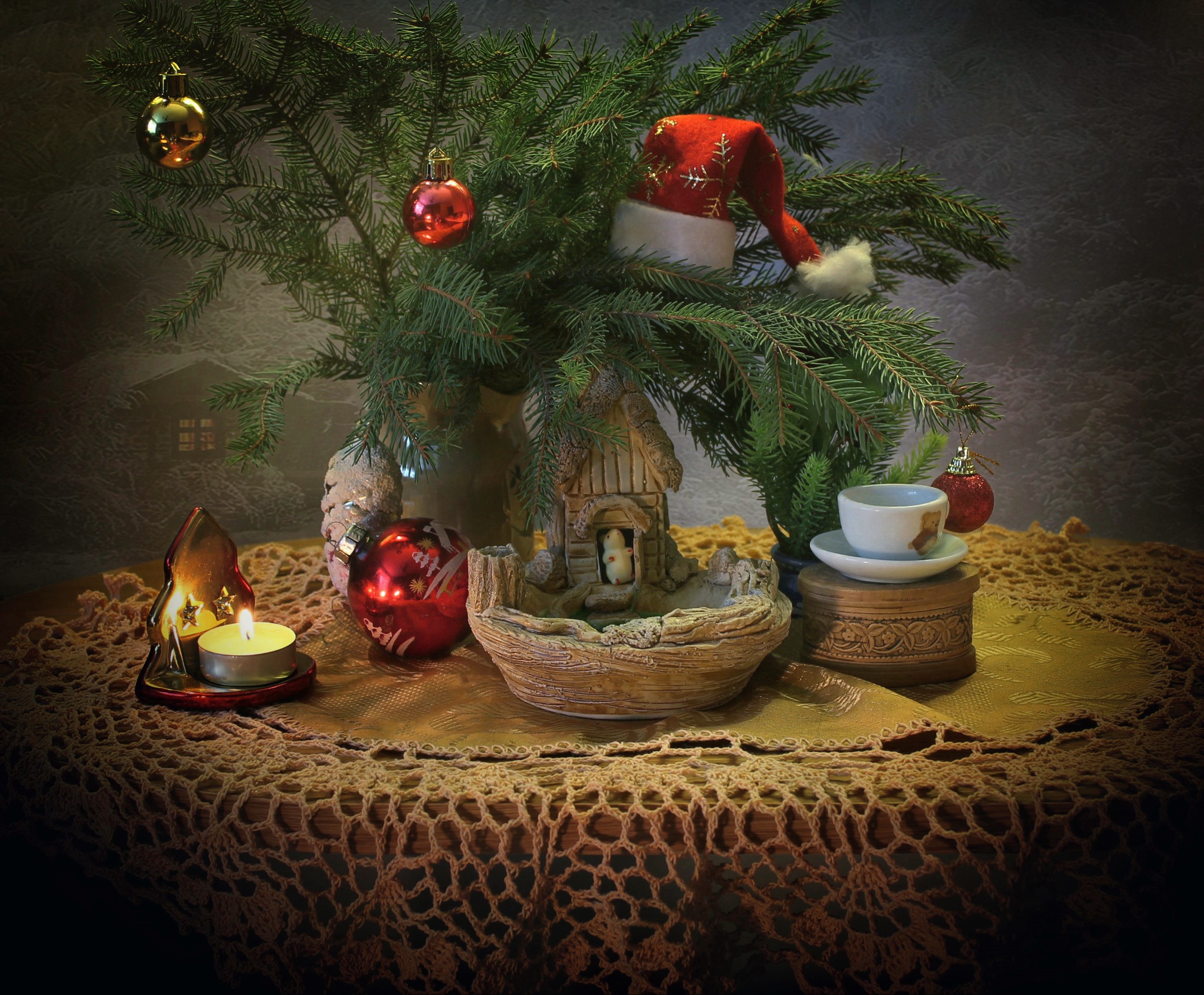 Christmas still life with fir branches, ornaments, and candle HD Wallpaper
