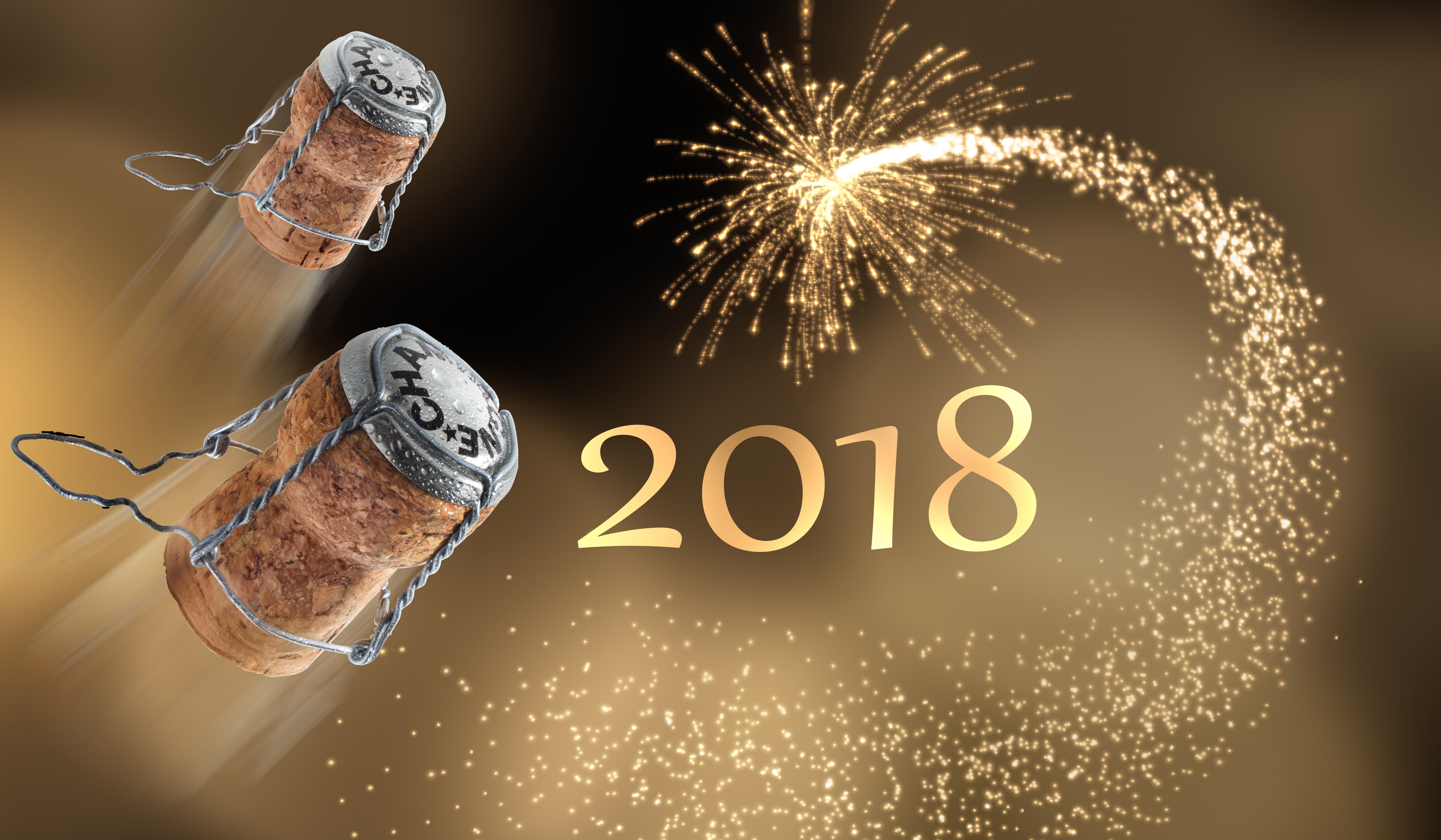 Champagne corks flying with fireworks and 2018 text HD Wallpaper
