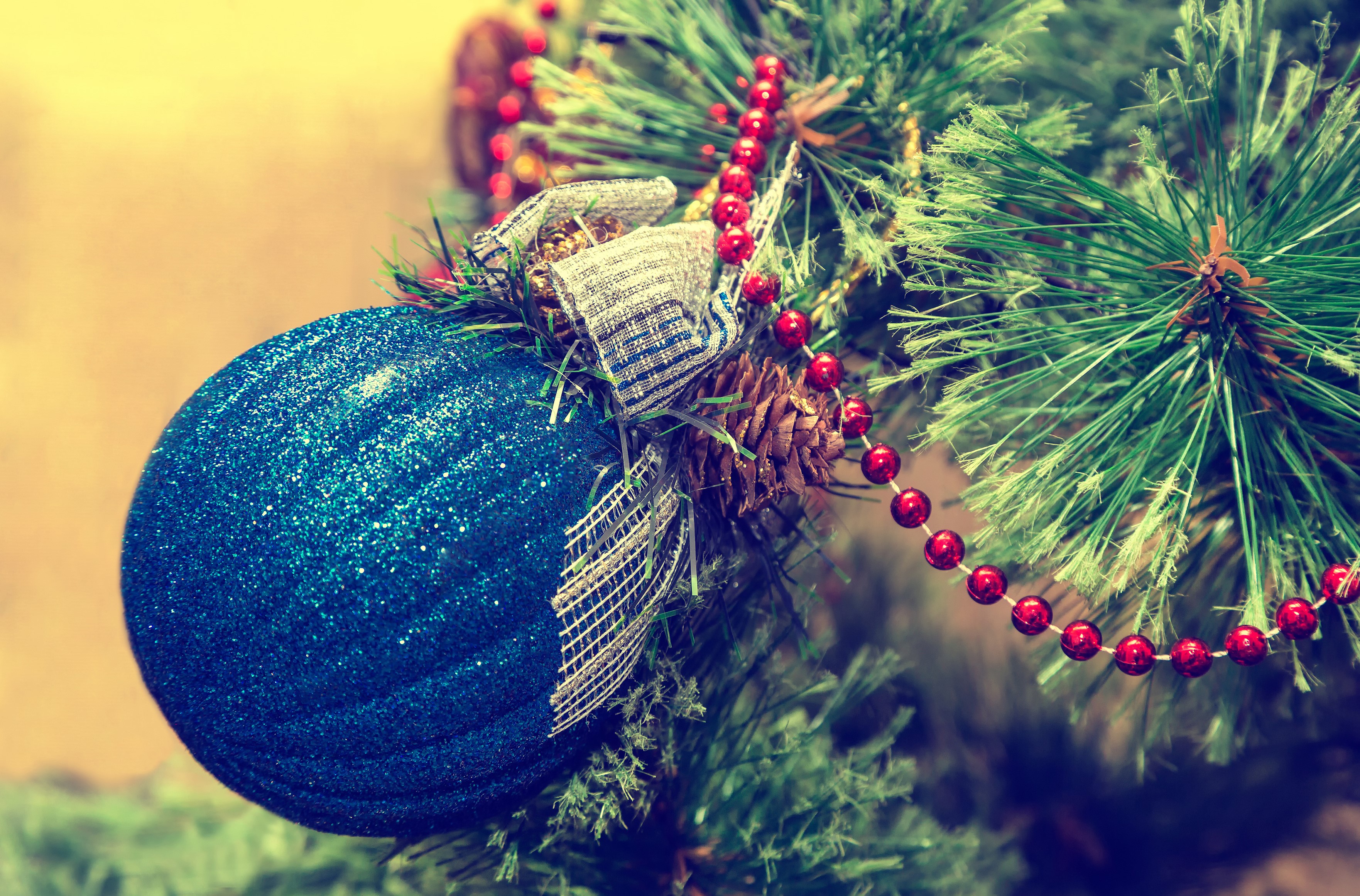 Blue Christmas ornament on a pine tree with red beads HD Wallpaper