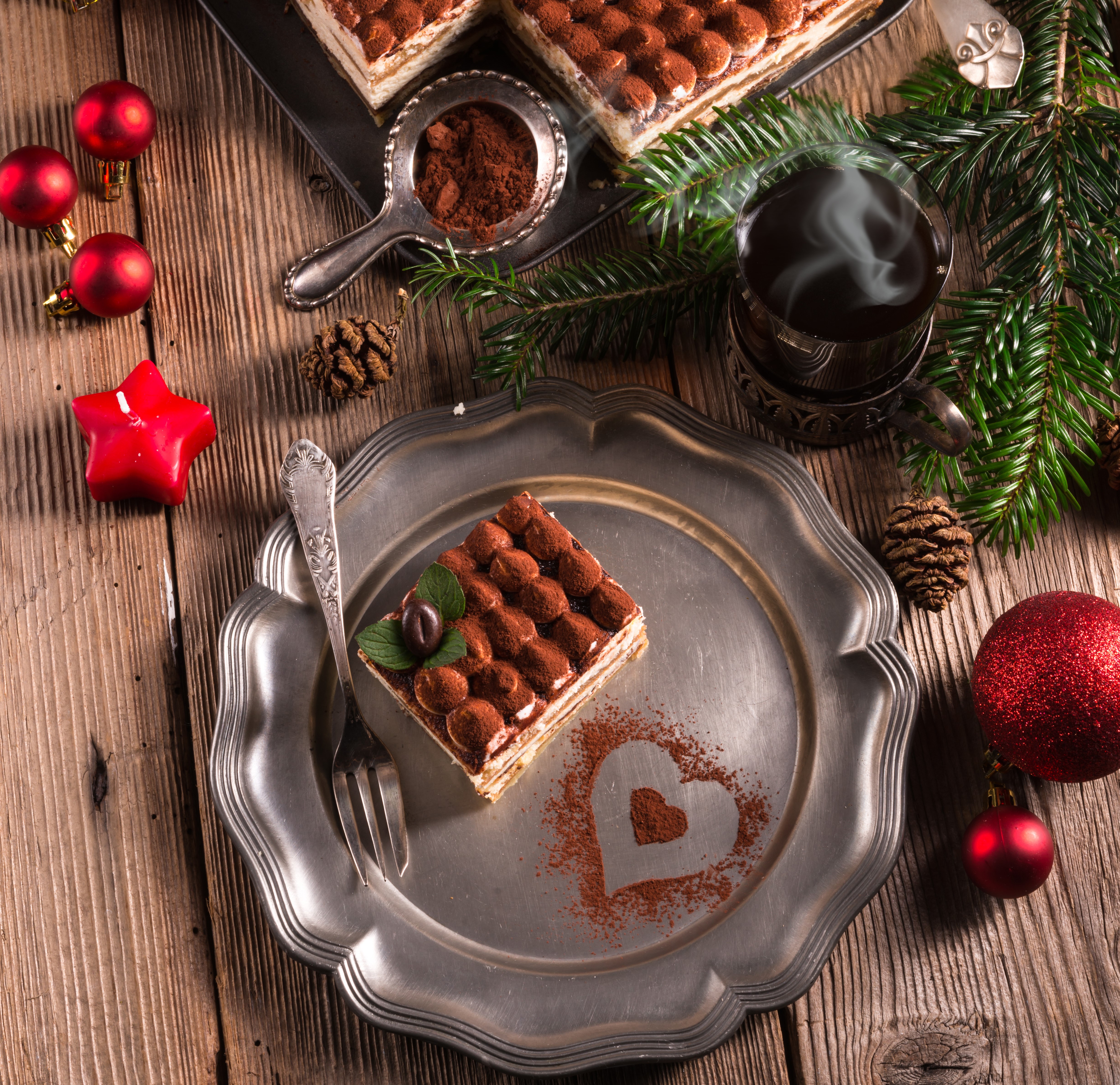 Christmas Tiramisu cake with coffee and decorations HD Wallpaper