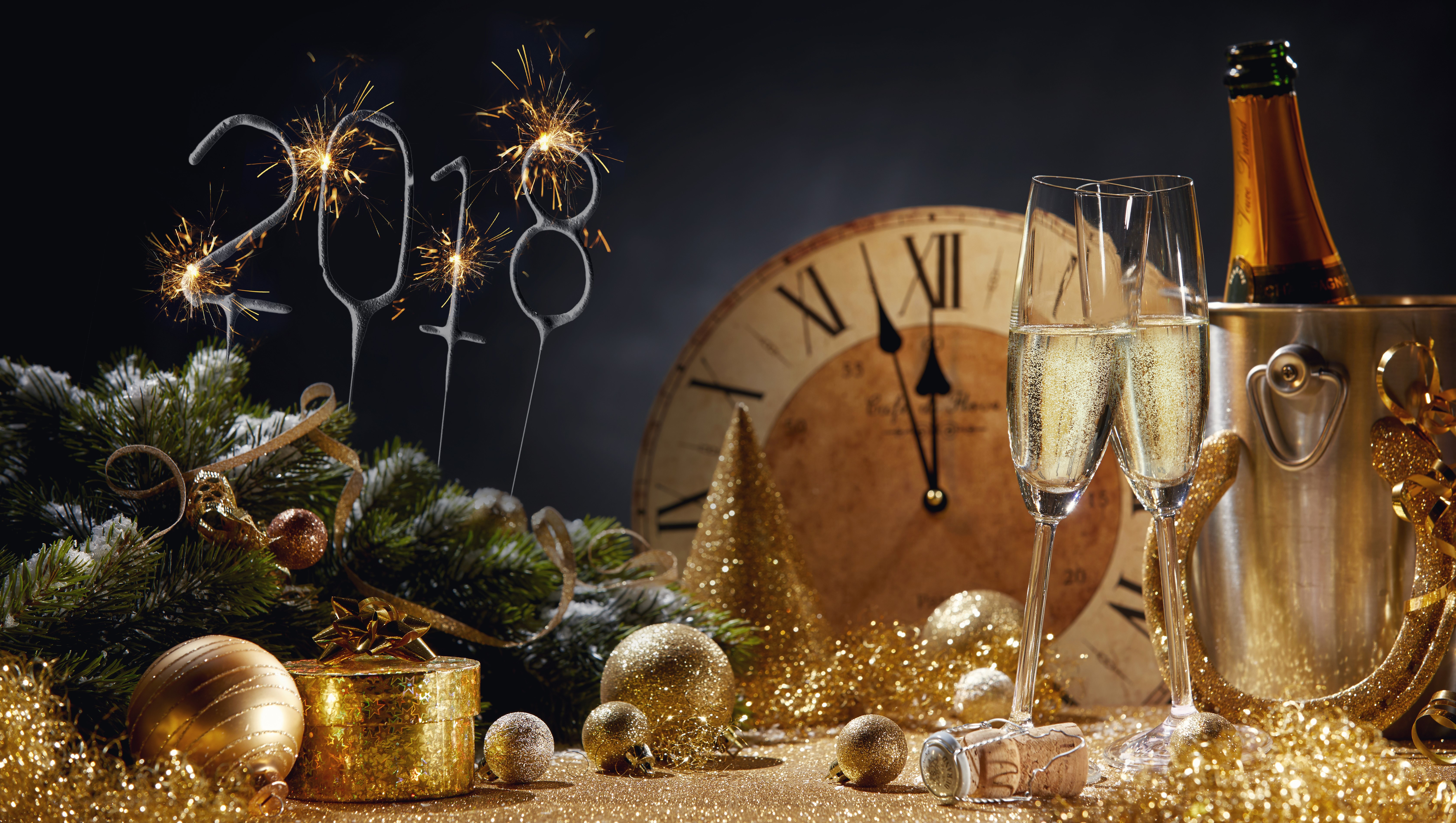 New Year's Eve 2018 Celebration with Champagne and Sparklers HD Wallpaper
