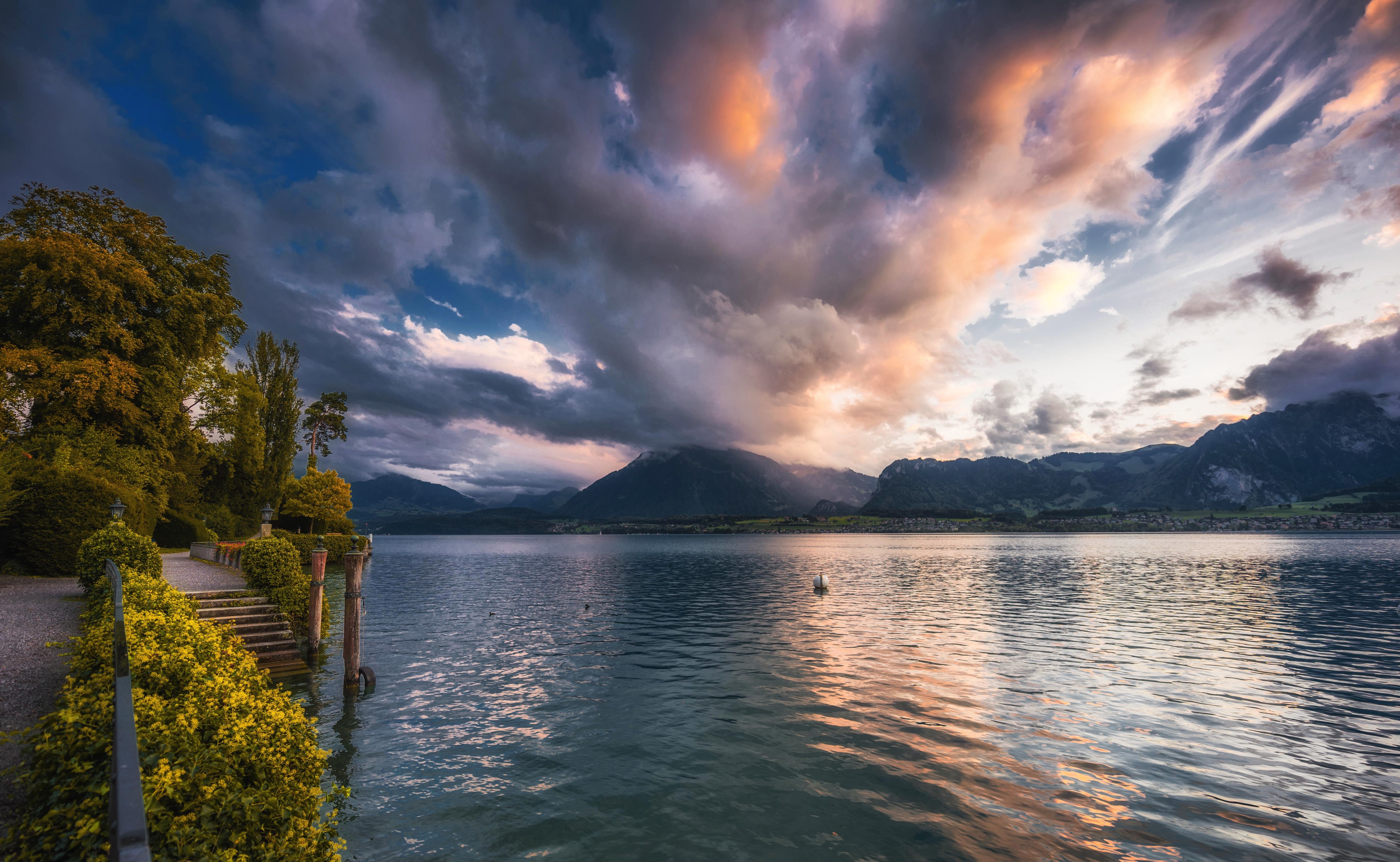 Lake Thun, Switzerland at Evening with Dramatic Clouds HD Wallpaper