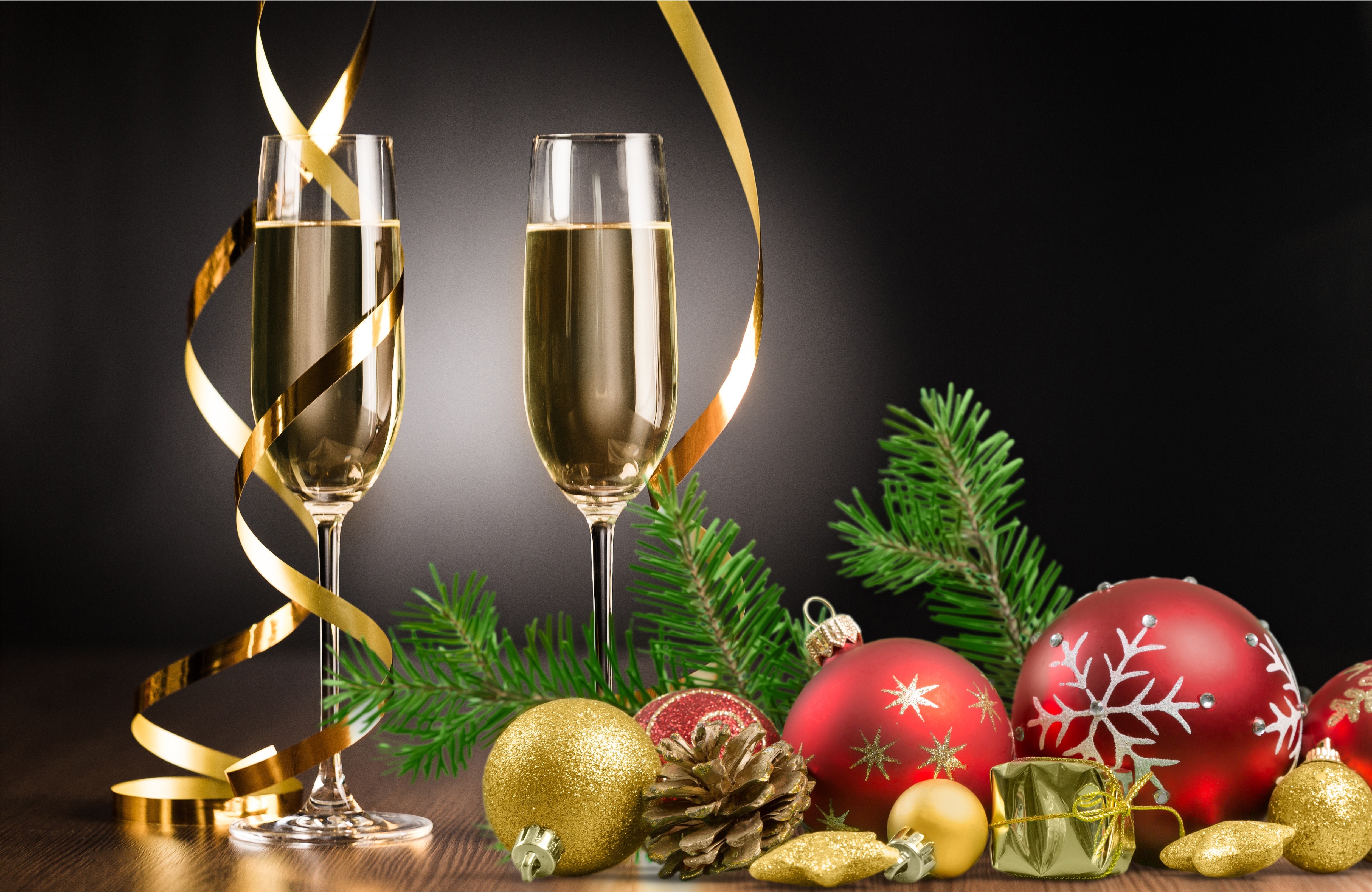 Champagne Glasses with Christmas Ornaments and Pine Branches HD Wallpaper
