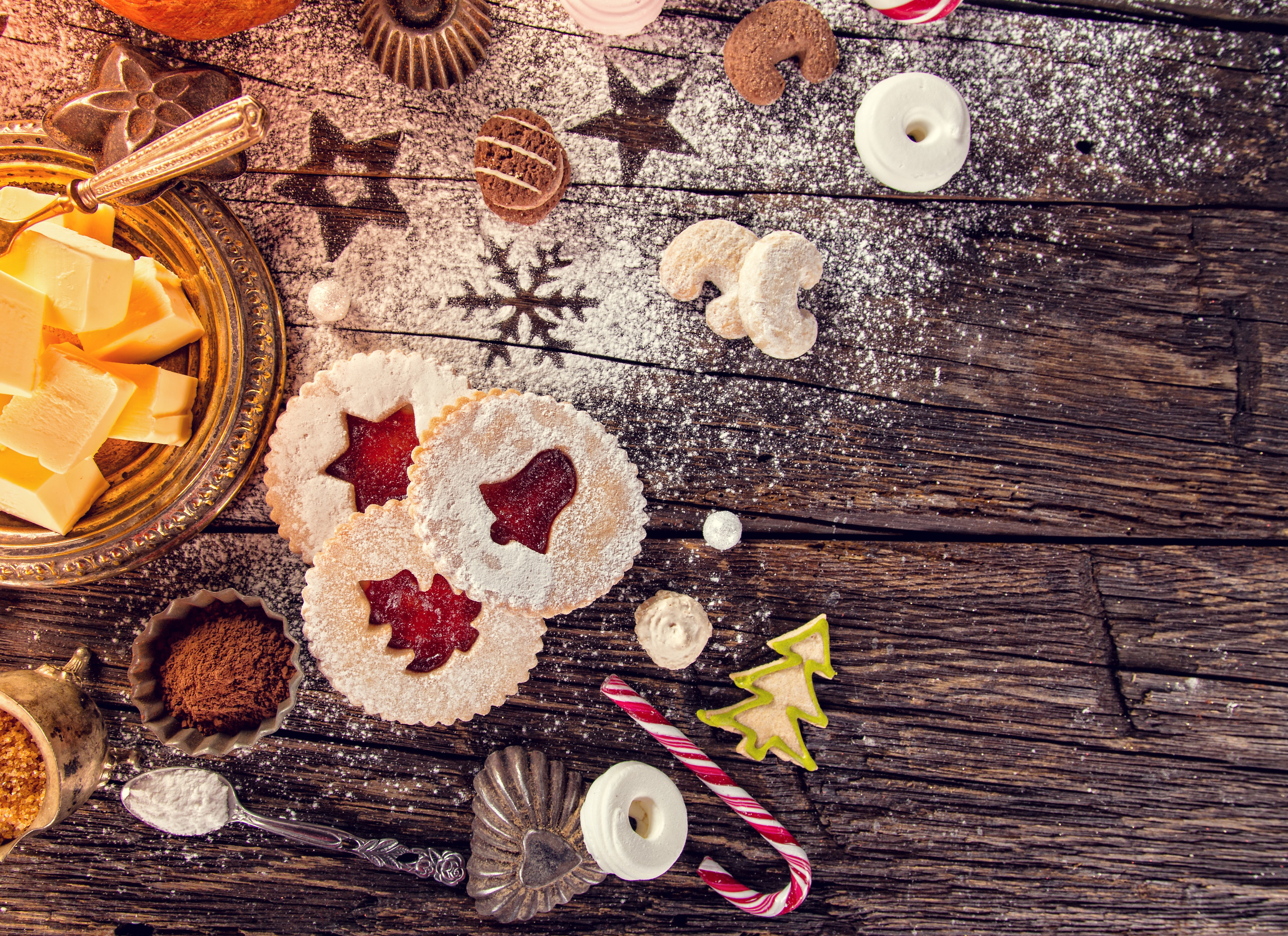 Christmas cookies and butter on wooden planks HD Wallpaper