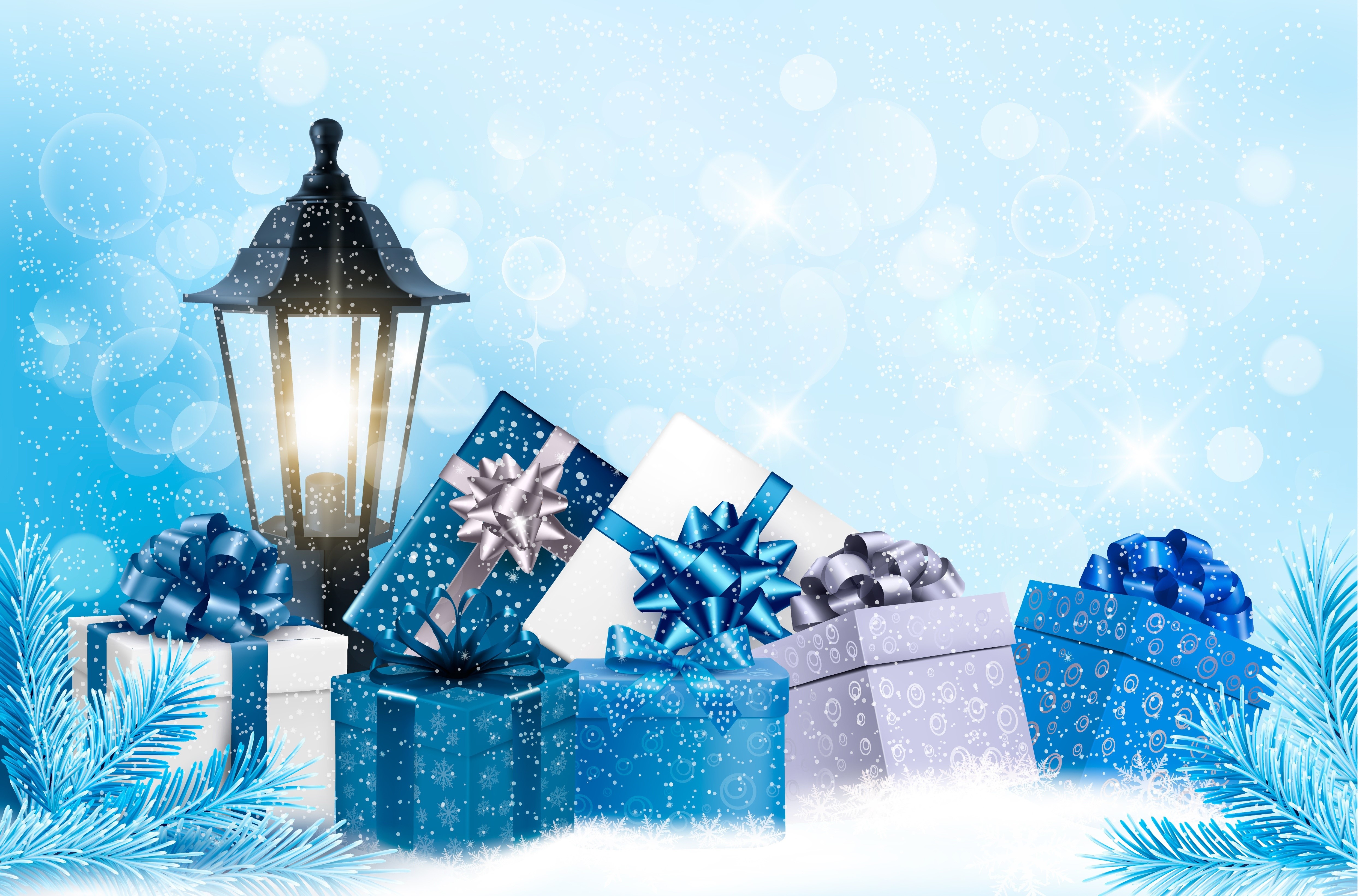Christmas gifts and lantern in snow HD Wallpaper
