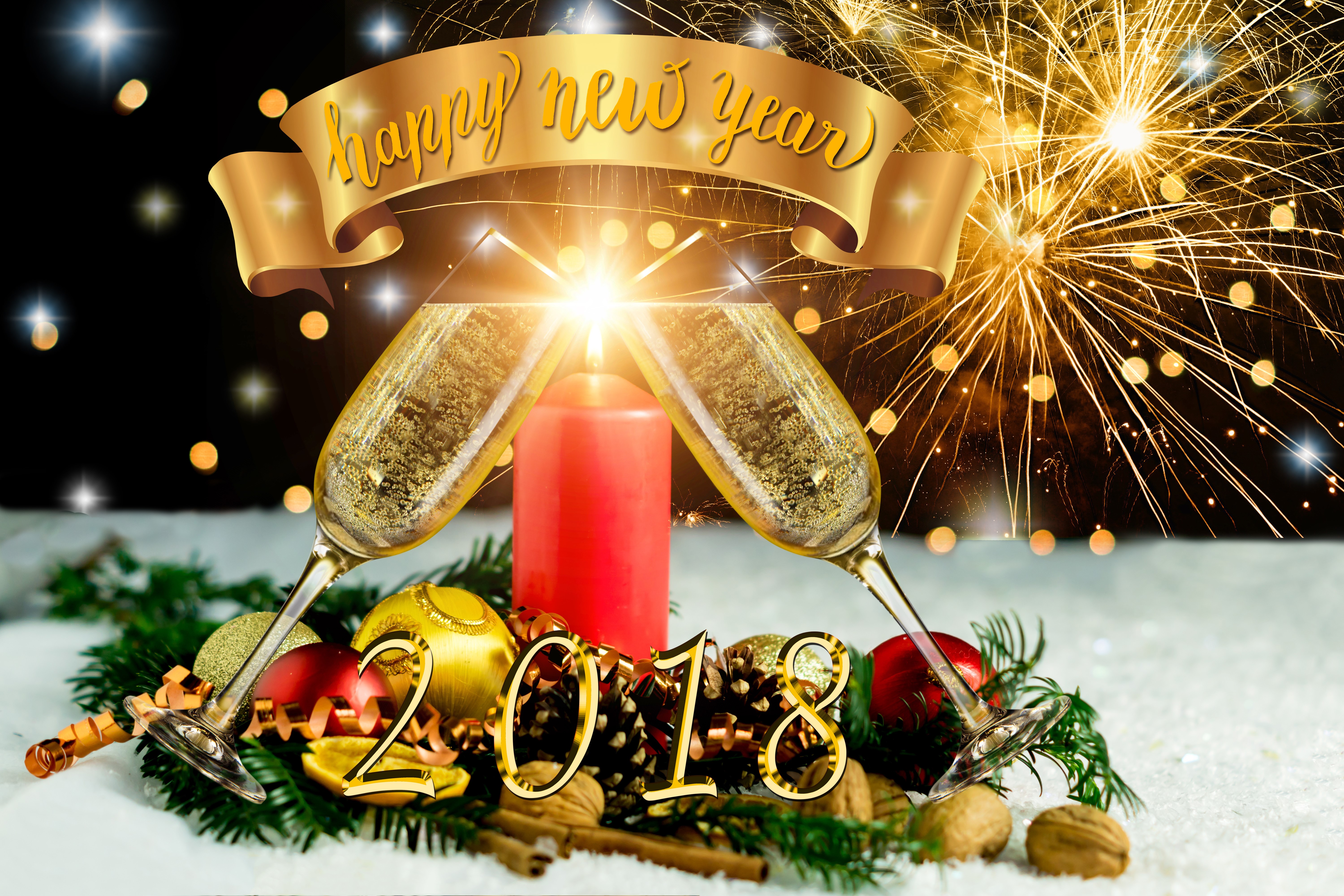 Happy New Year 2018 Champagne Toast with Fireworks HD Wallpaper
