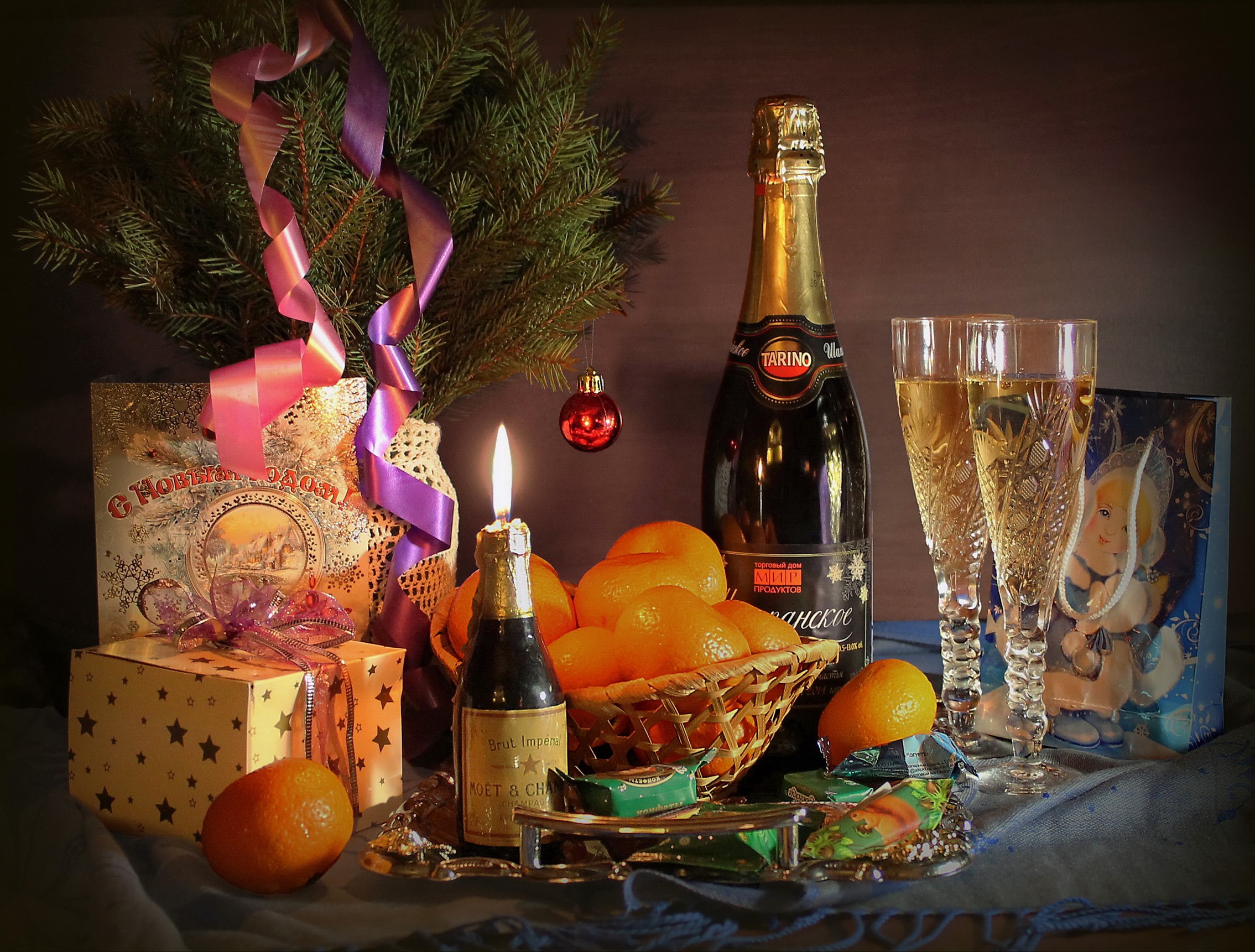 Festive Holiday Still Life with Champagne and Mandarins HD Wallpaper