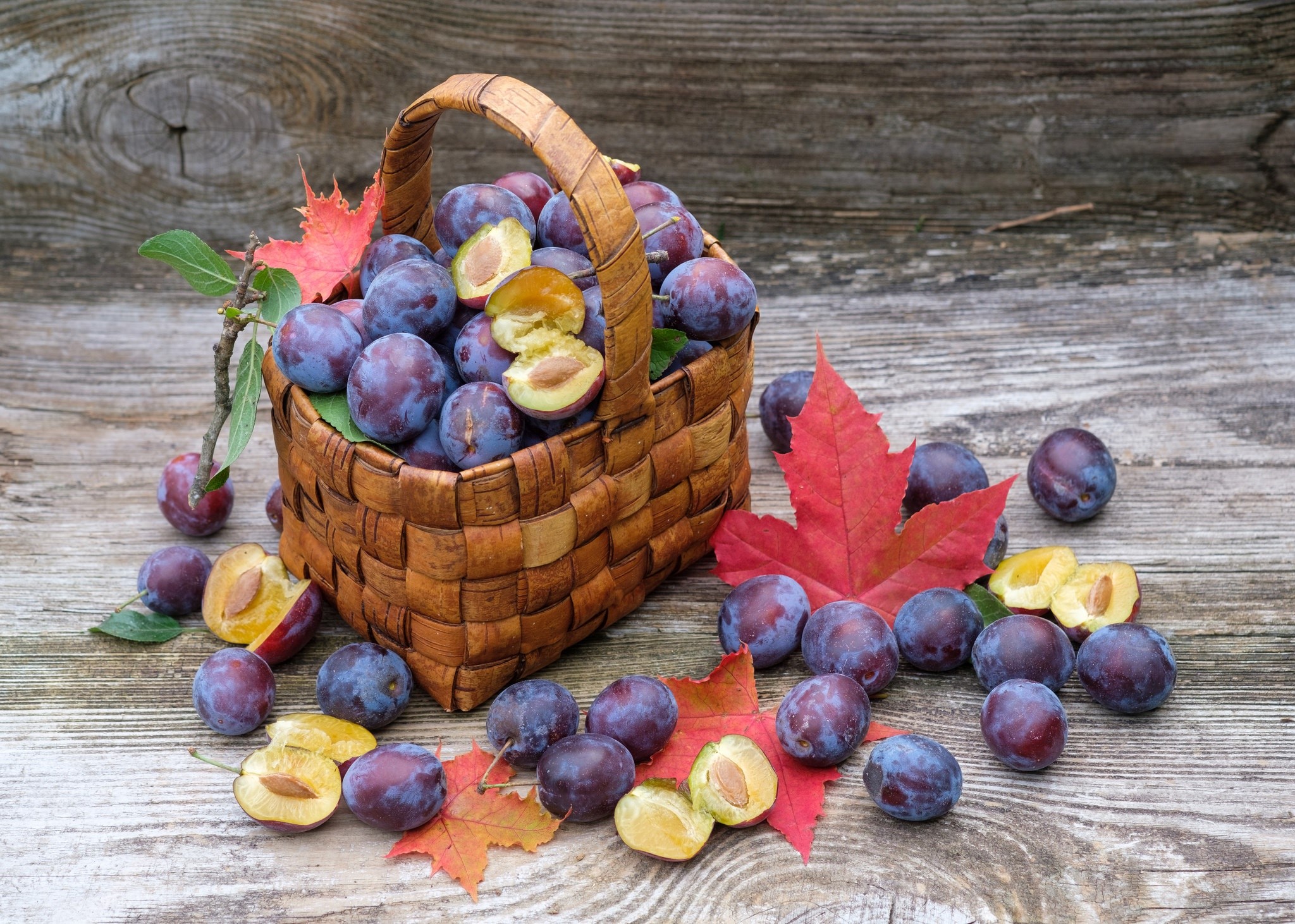 Plums in a wicker basket with autumn leaves HD Wallpaper