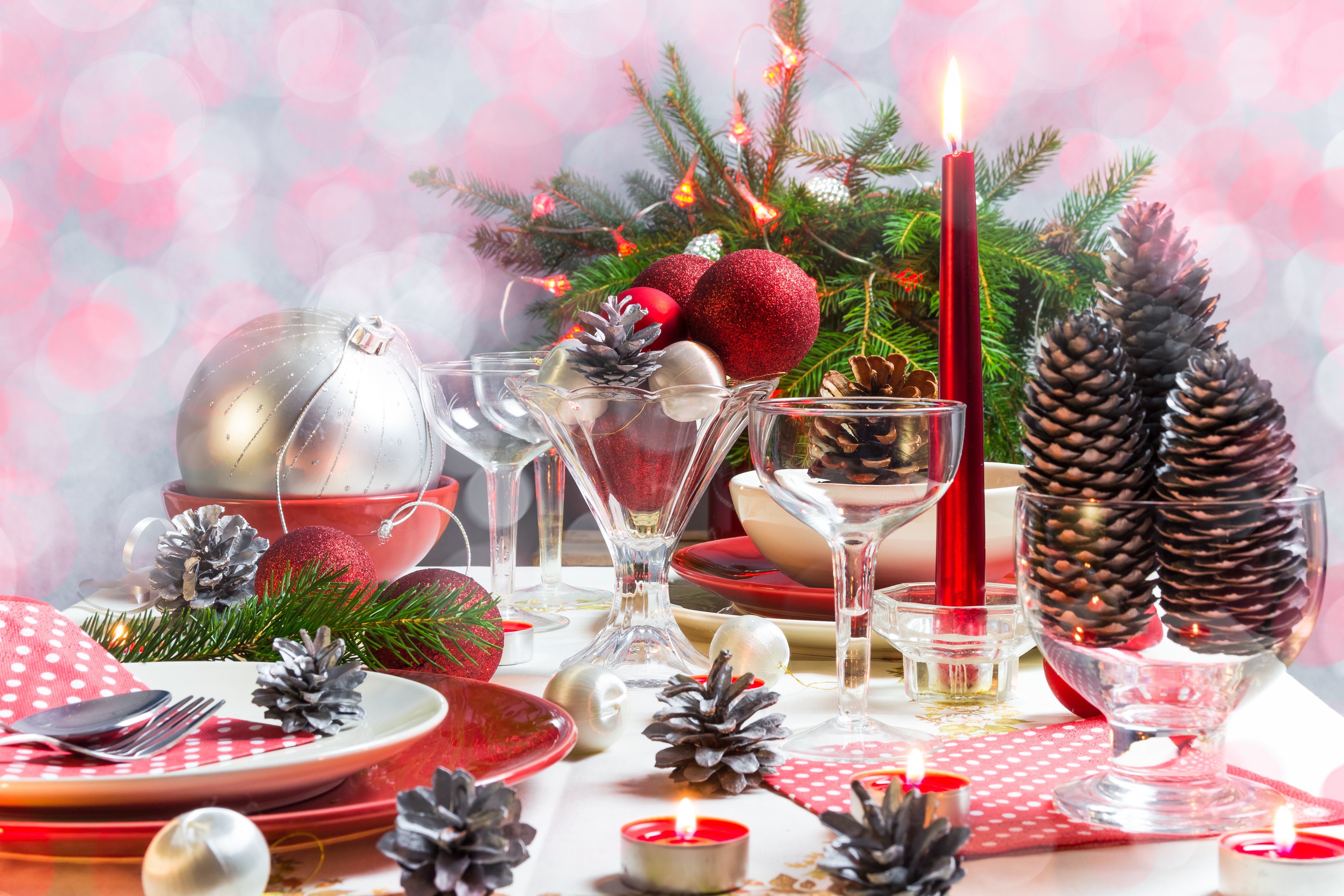 Christmas Table Setting with Ornaments and Candles HD Wallpaper