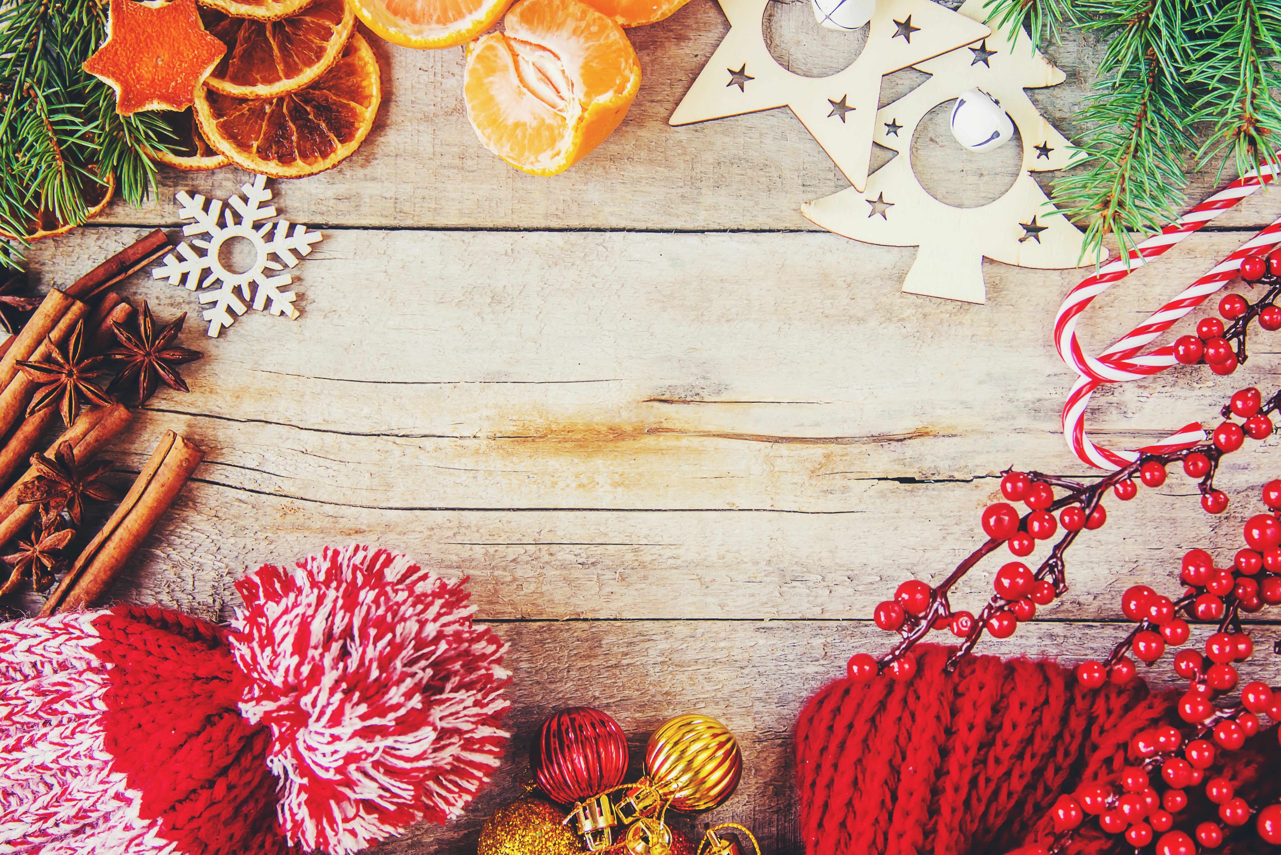 Christmas Decorations on Wood Planks HD Wallpaper