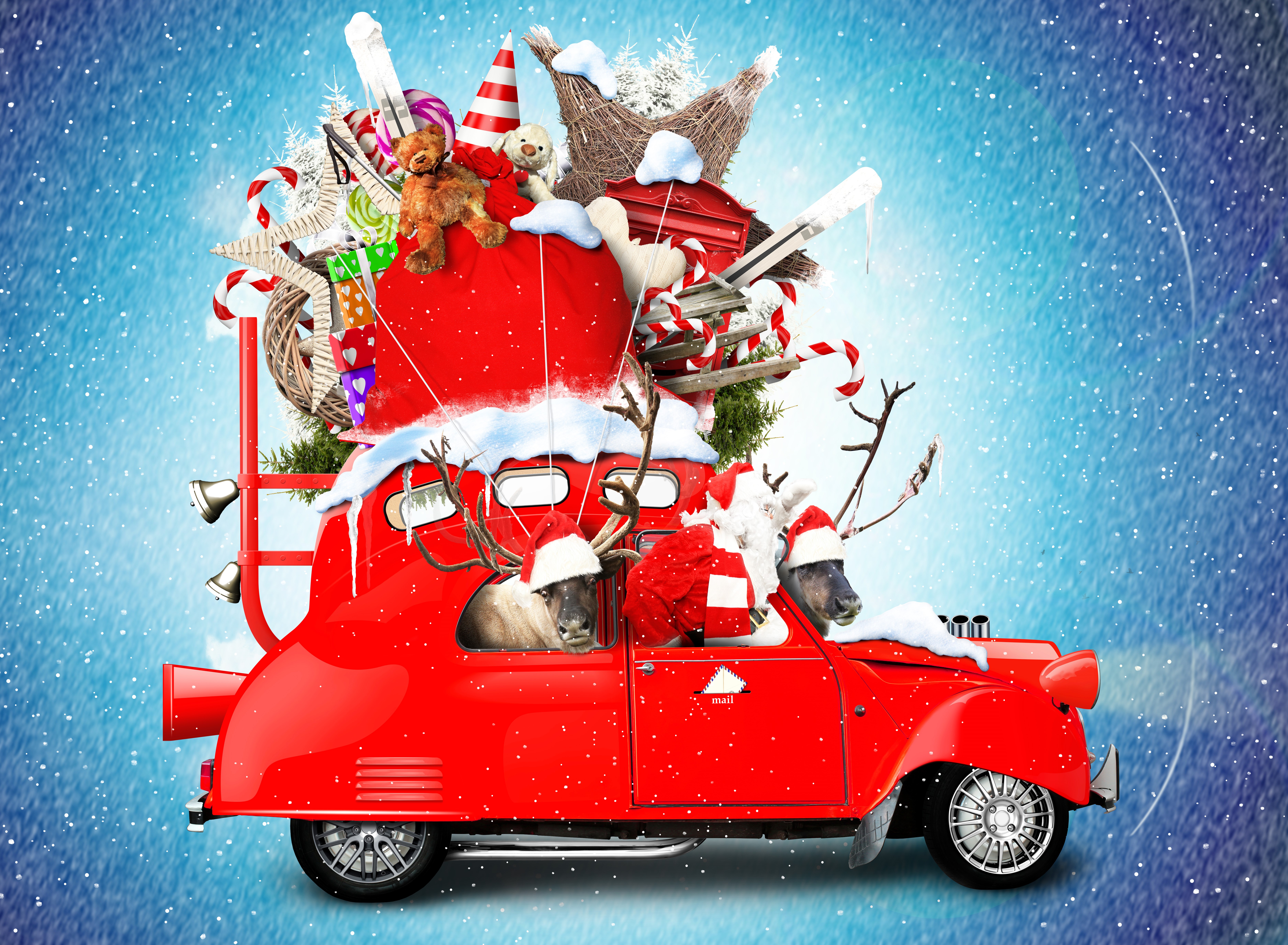 Christmas car loaded with gifts and teddy bear HD Wallpaper