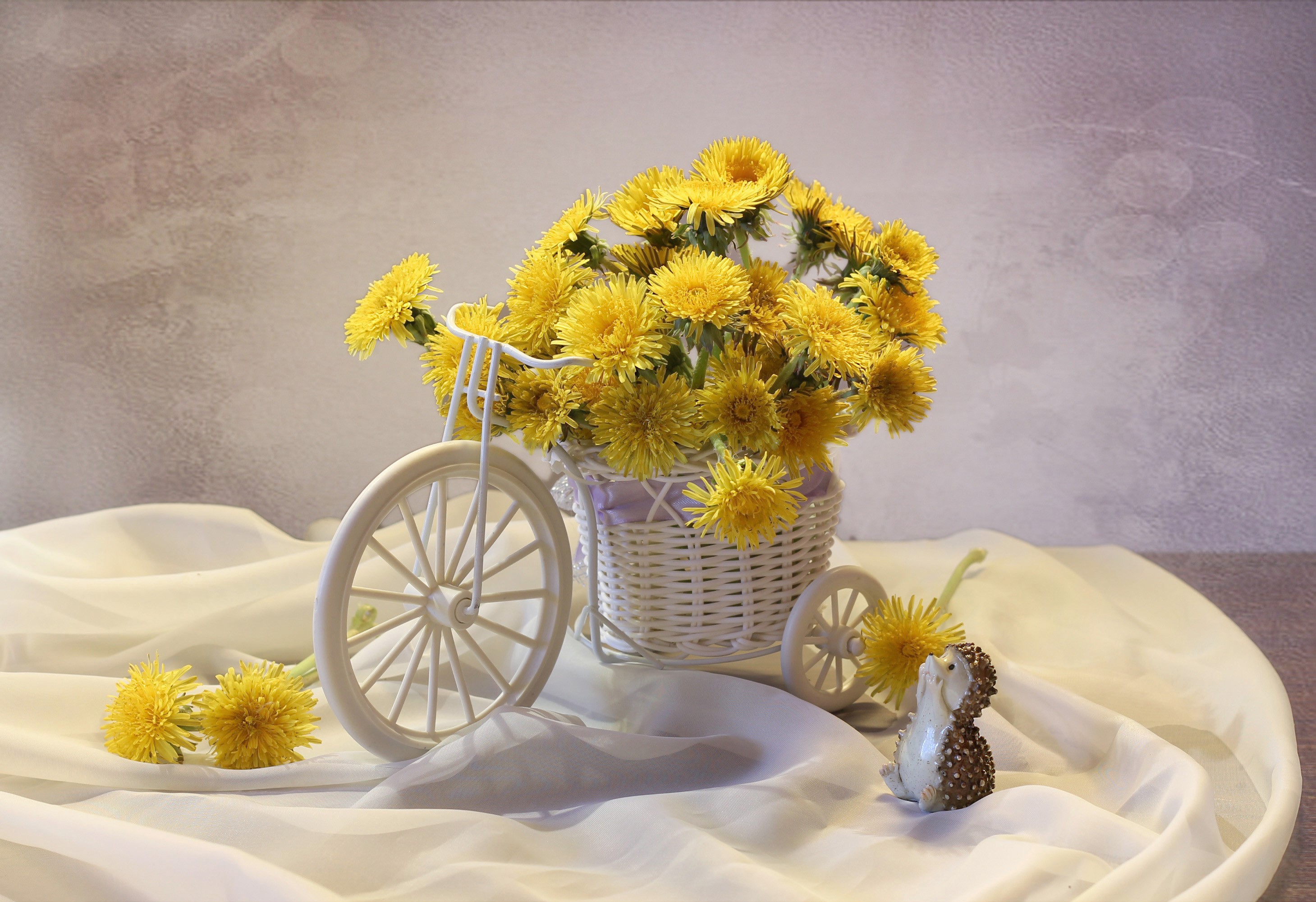 Dandelions in a bicycle basket with a hedgehog figurine HD Wallpaper