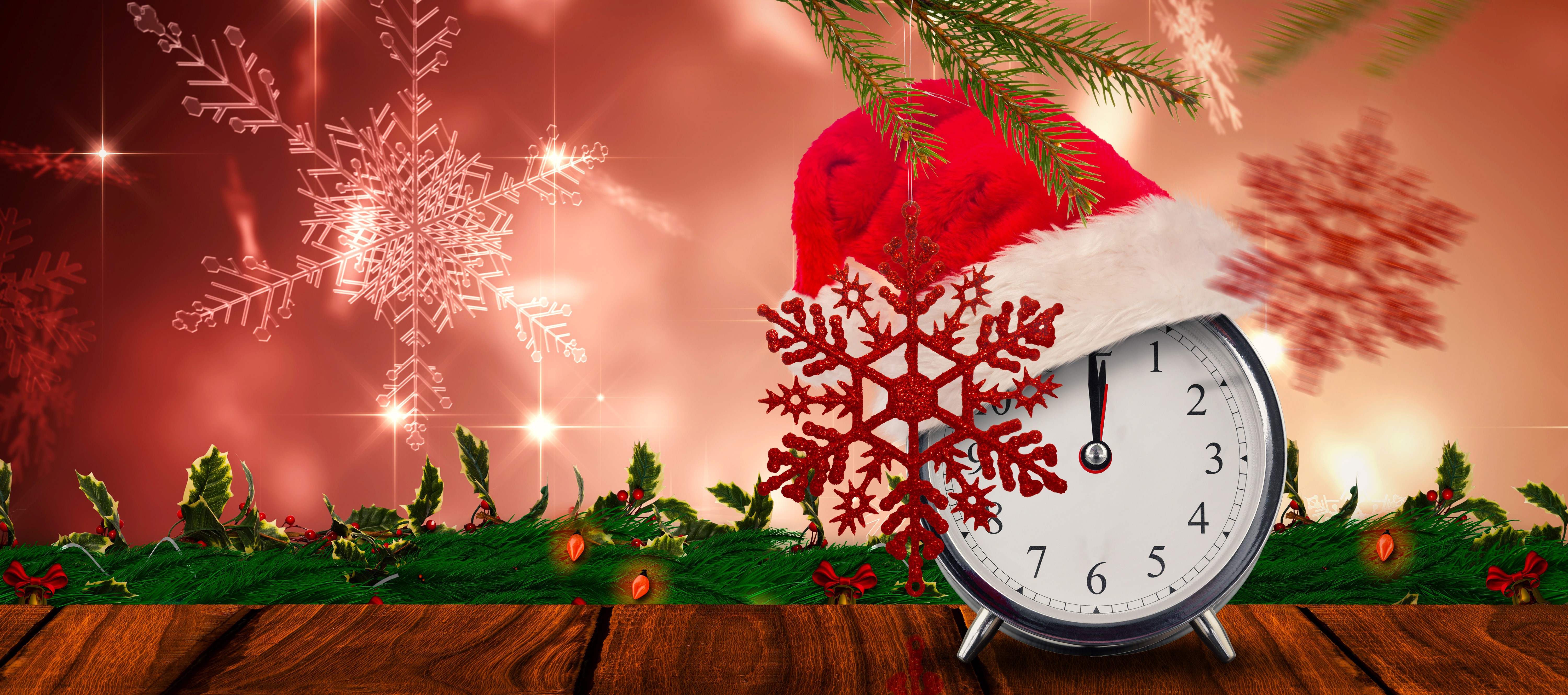 Christmas clock with Santa hat and snowflakes HD Wallpaper