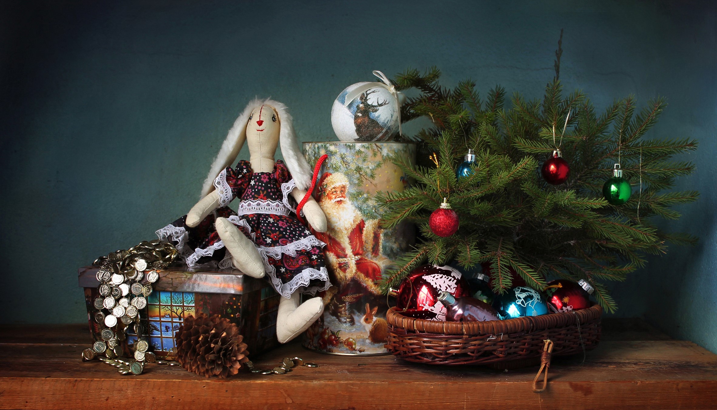 Christmas still life with doll and tree HD Wallpaper