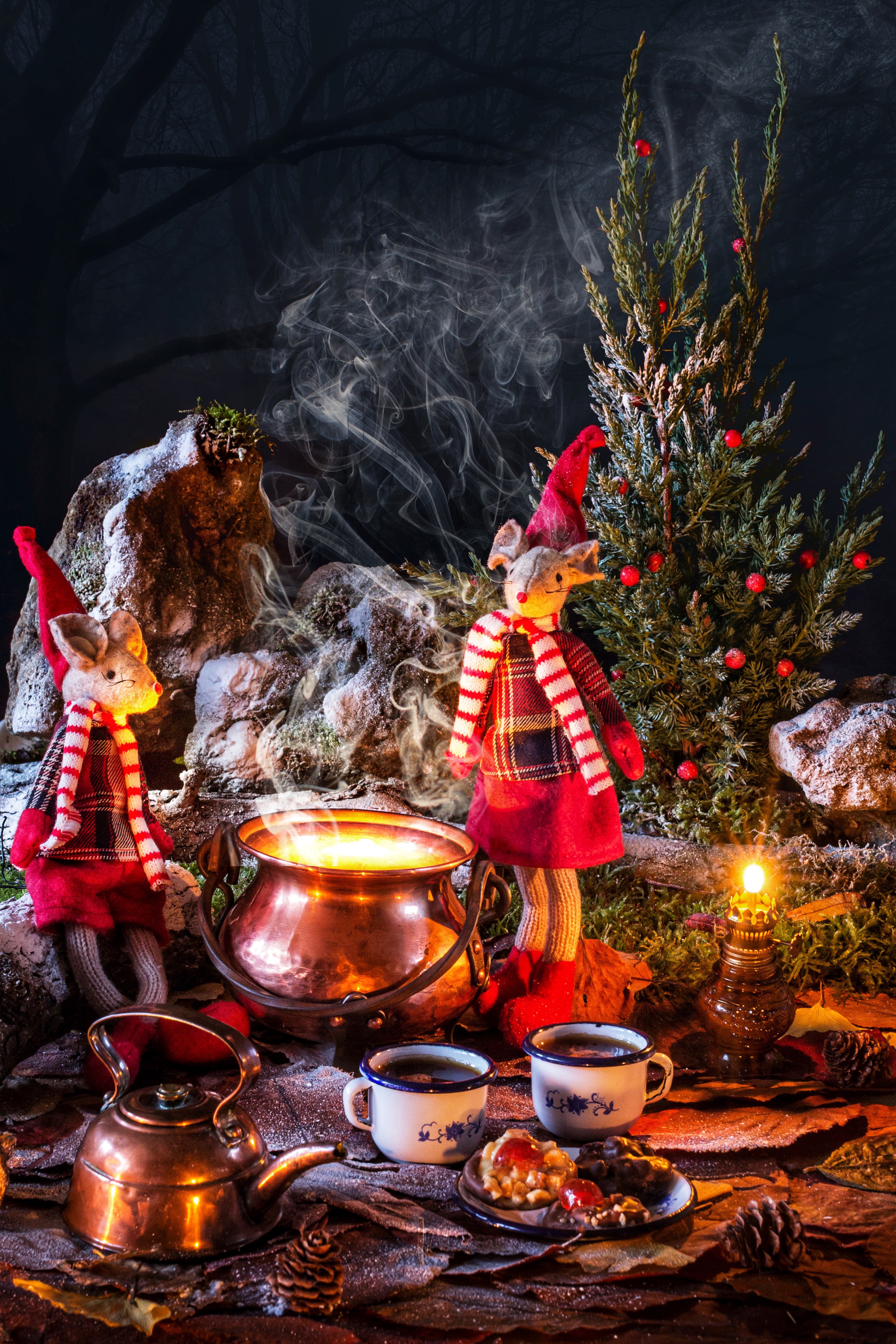 Christmas scene with dolls, kettle, and mugs HD Phone Wallpaper