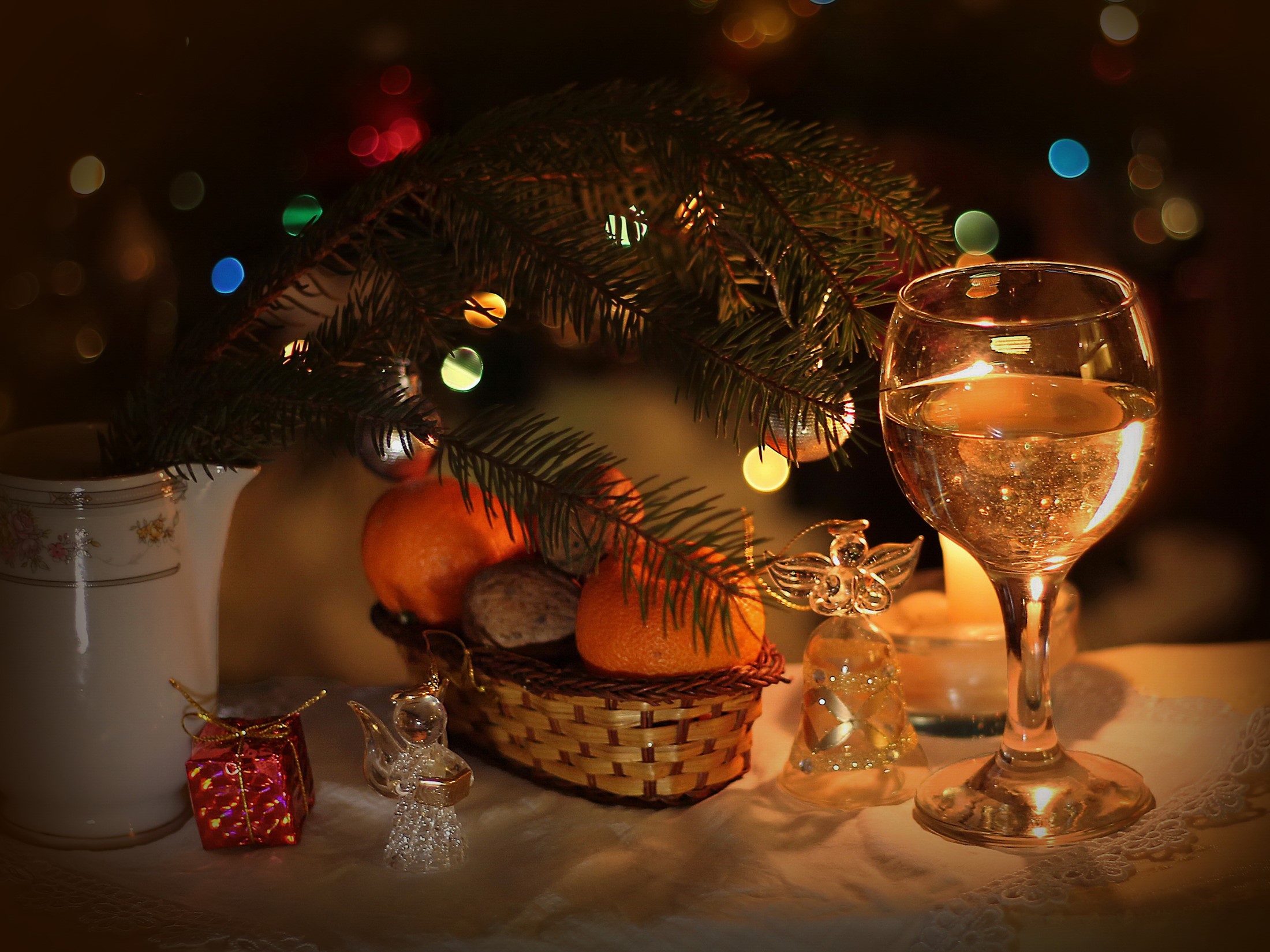Christmas still life with champagne and tangerines HD Wallpaper