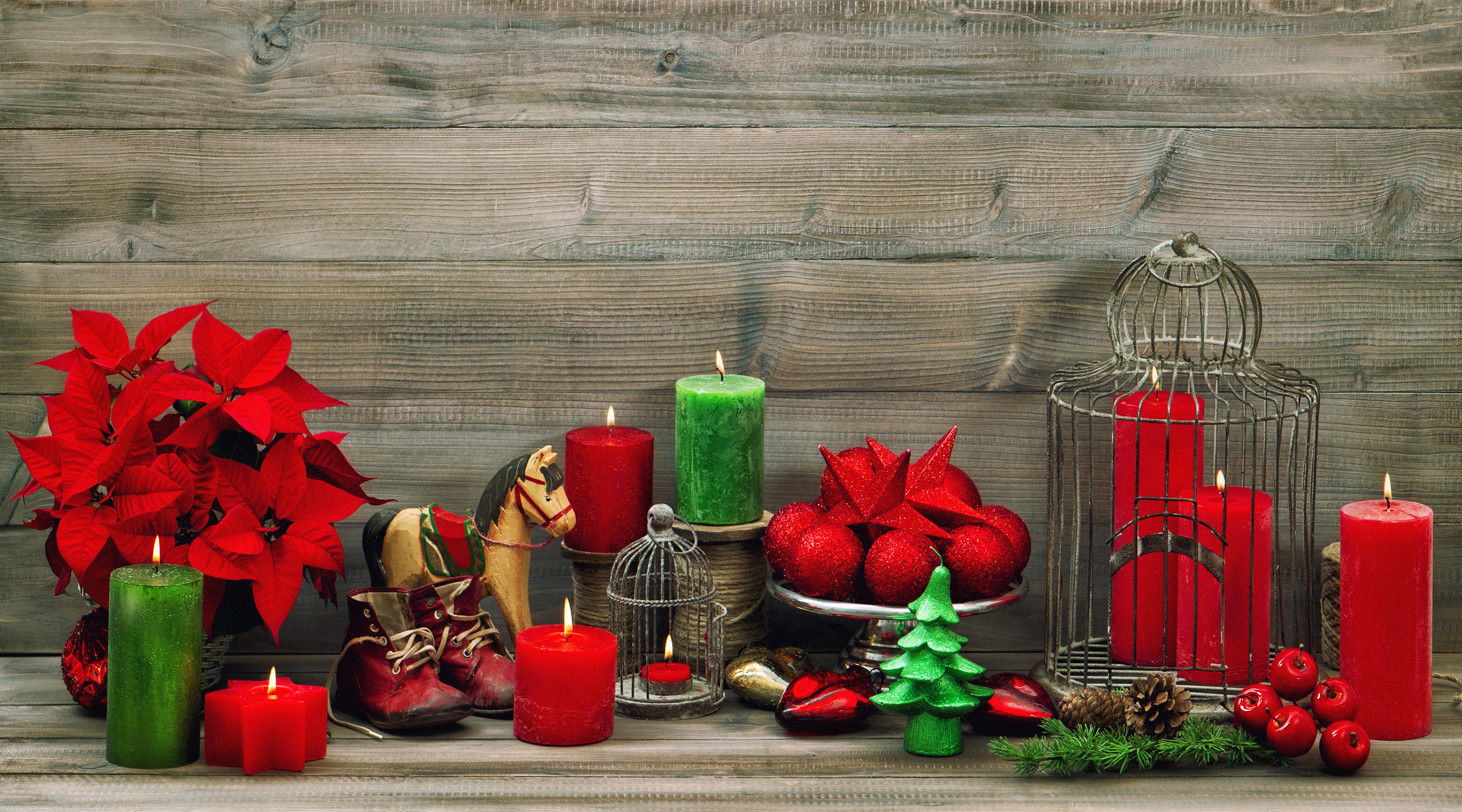 Christmas Decorations with Candles and Poinsettias HD Wallpaper