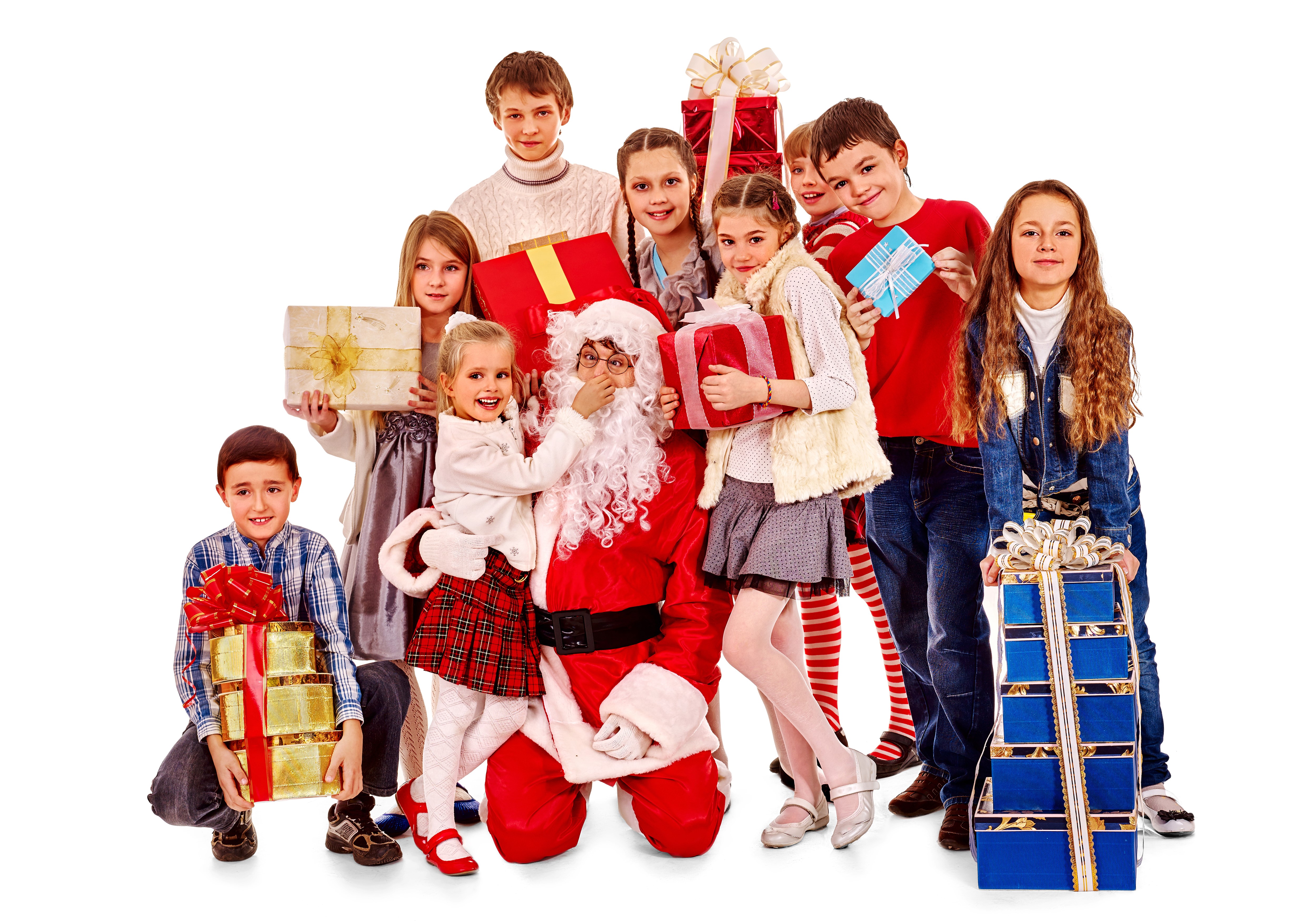 Santa Claus and children with Christmas gifts HD Wallpaper