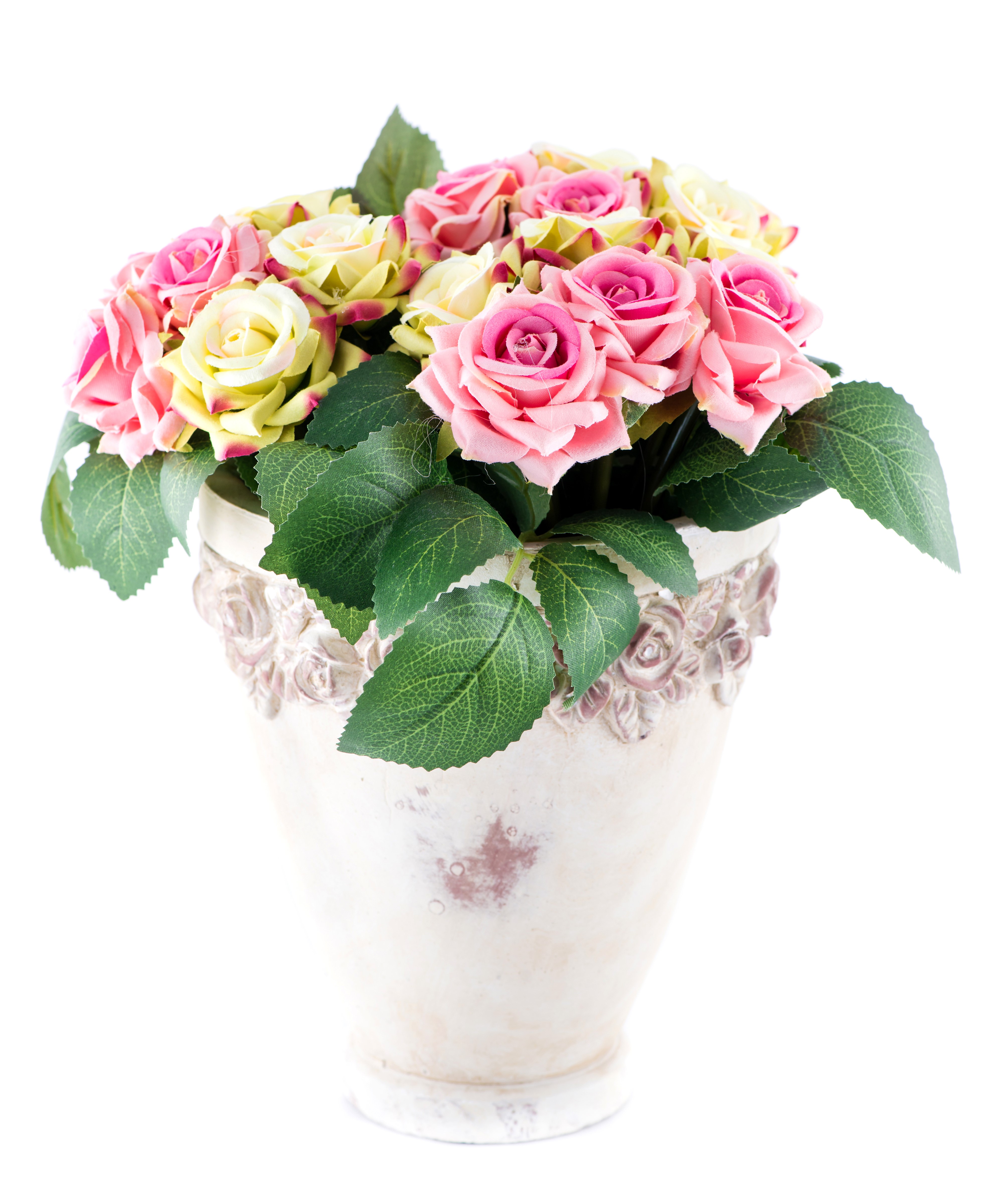 Bouquet of pink and yellow roses in a decorative vase HD Wallpaper