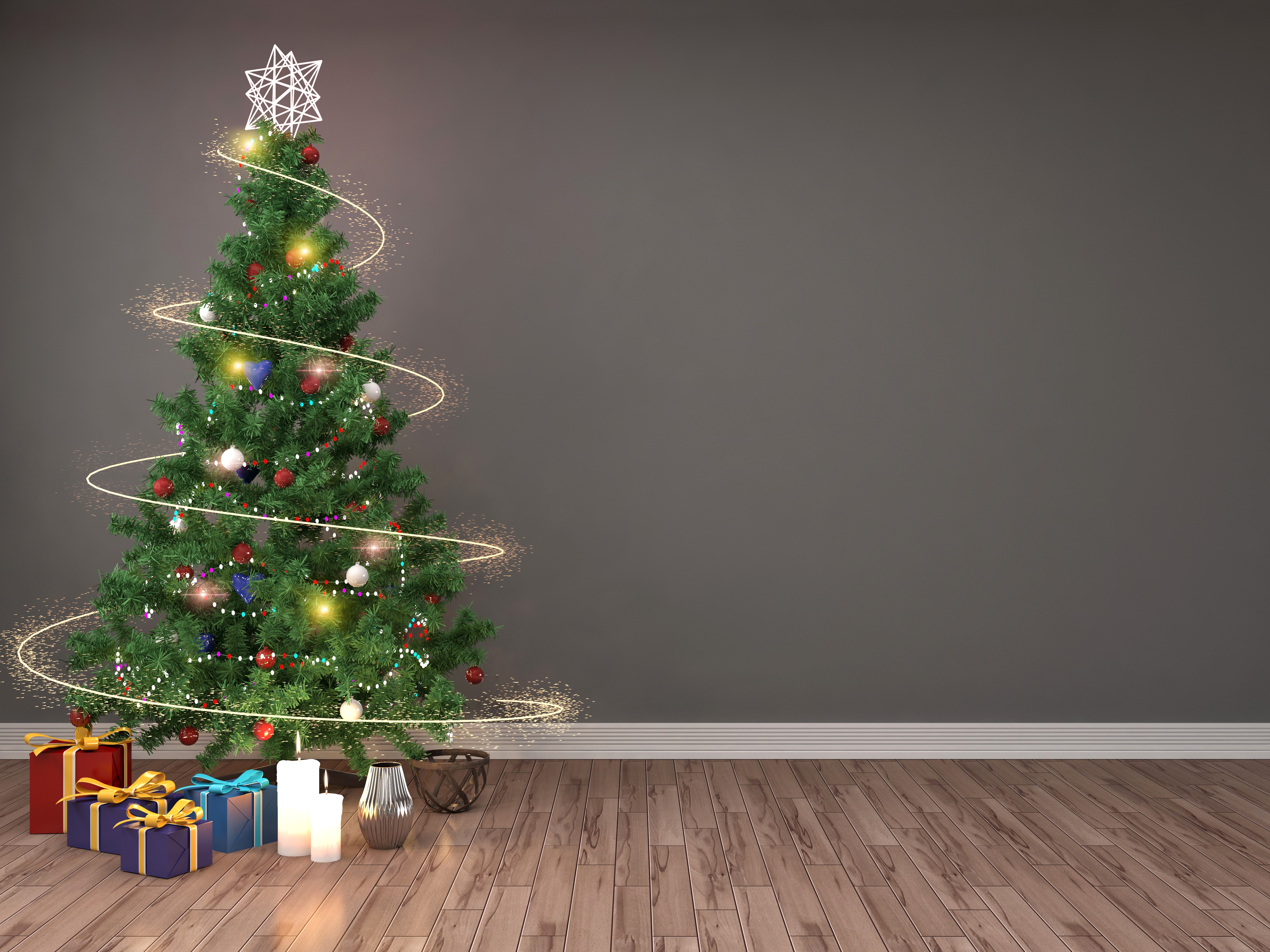Christmas tree with gifts and candles HD Wallpaper