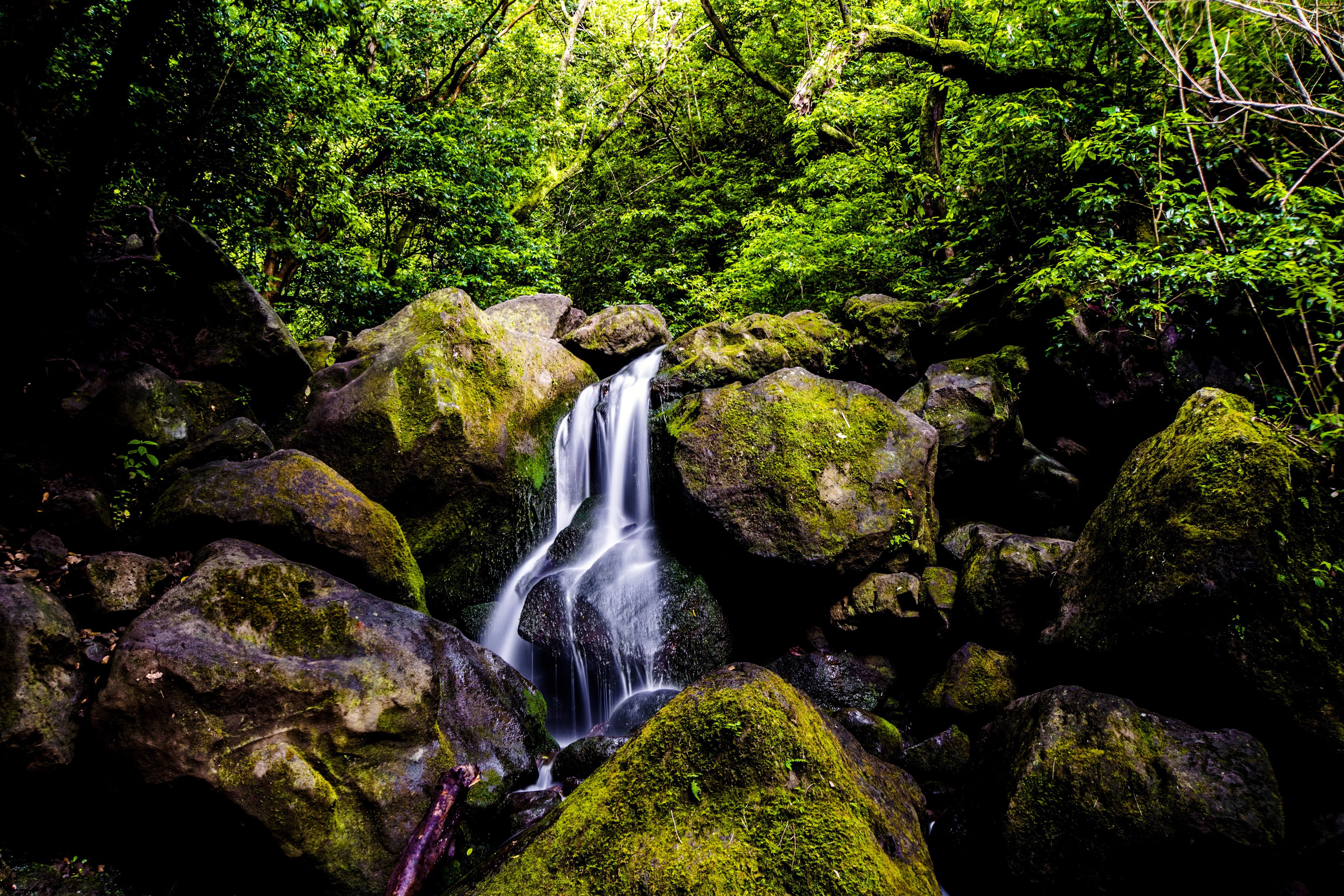 Waterfall cascading over moss-covered rocks in Oahu, Hawaii HD Wallpaper