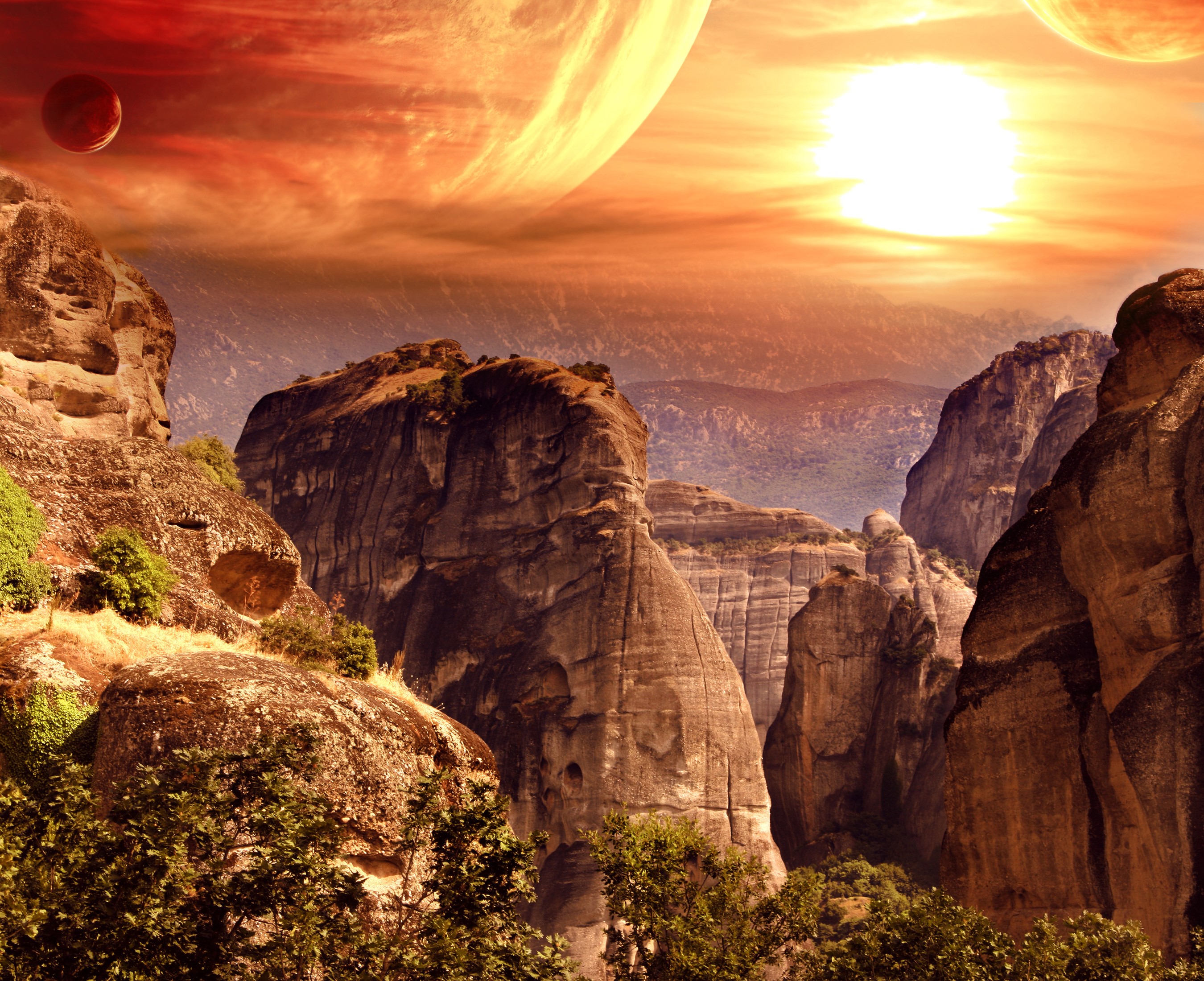 Alien landscape with rocky mountains and planets HD Wallpaper
