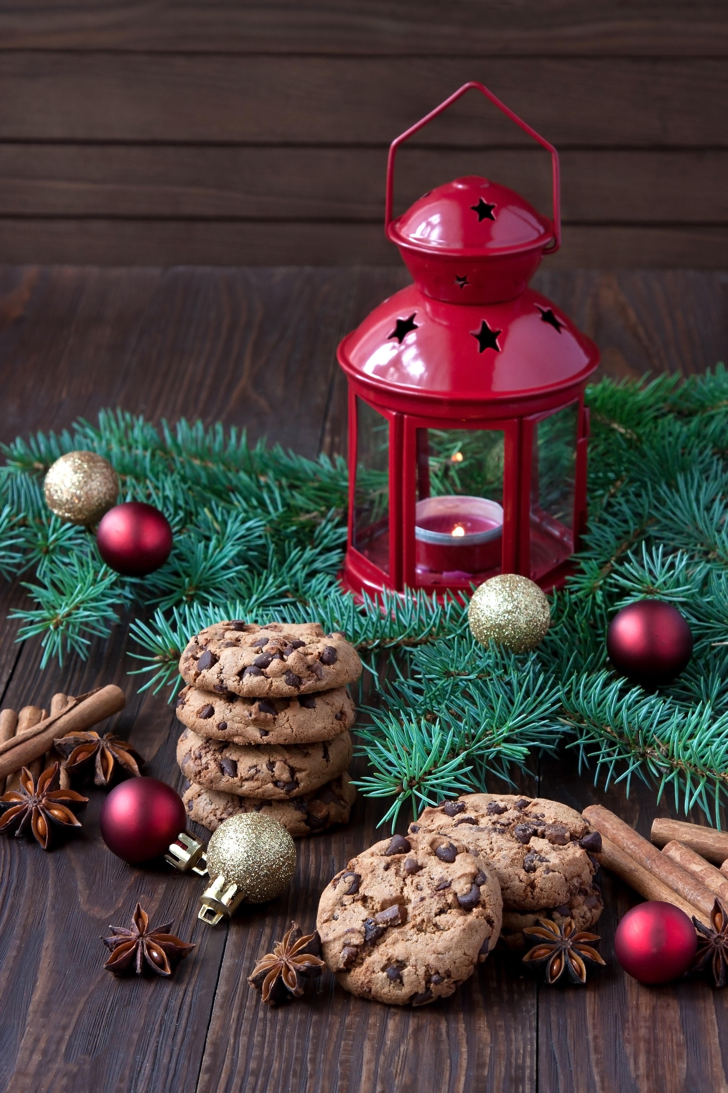Christmas cookies with fir branches and red lantern HD Phone Wallpaper