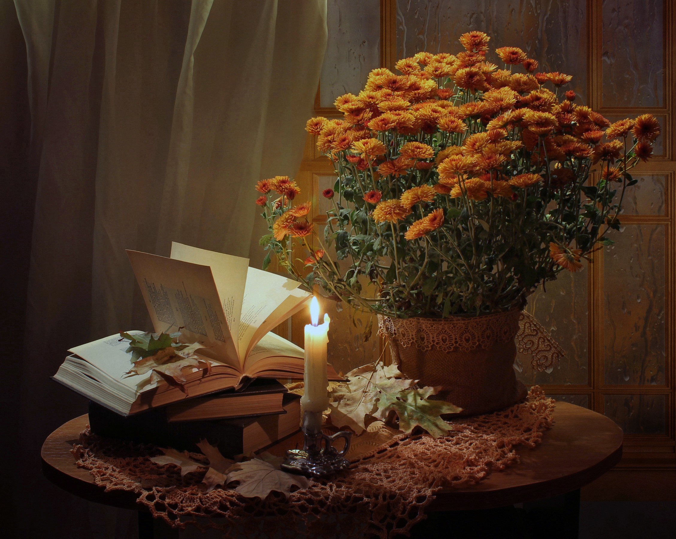 Still-life with Chrysanthemums, Candles, and Books HD Wallpaper
