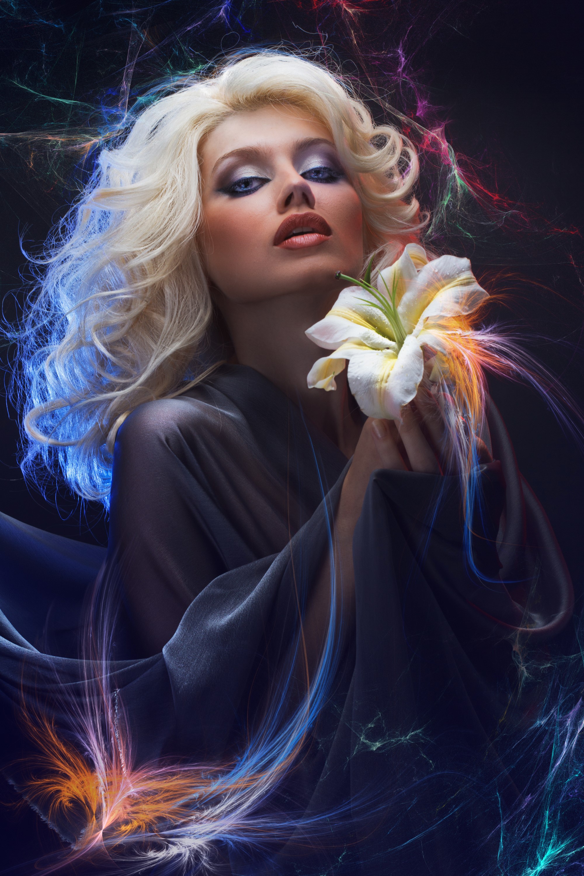 Blonde woman with lily and colorful light effects HD Phone Wallpaper