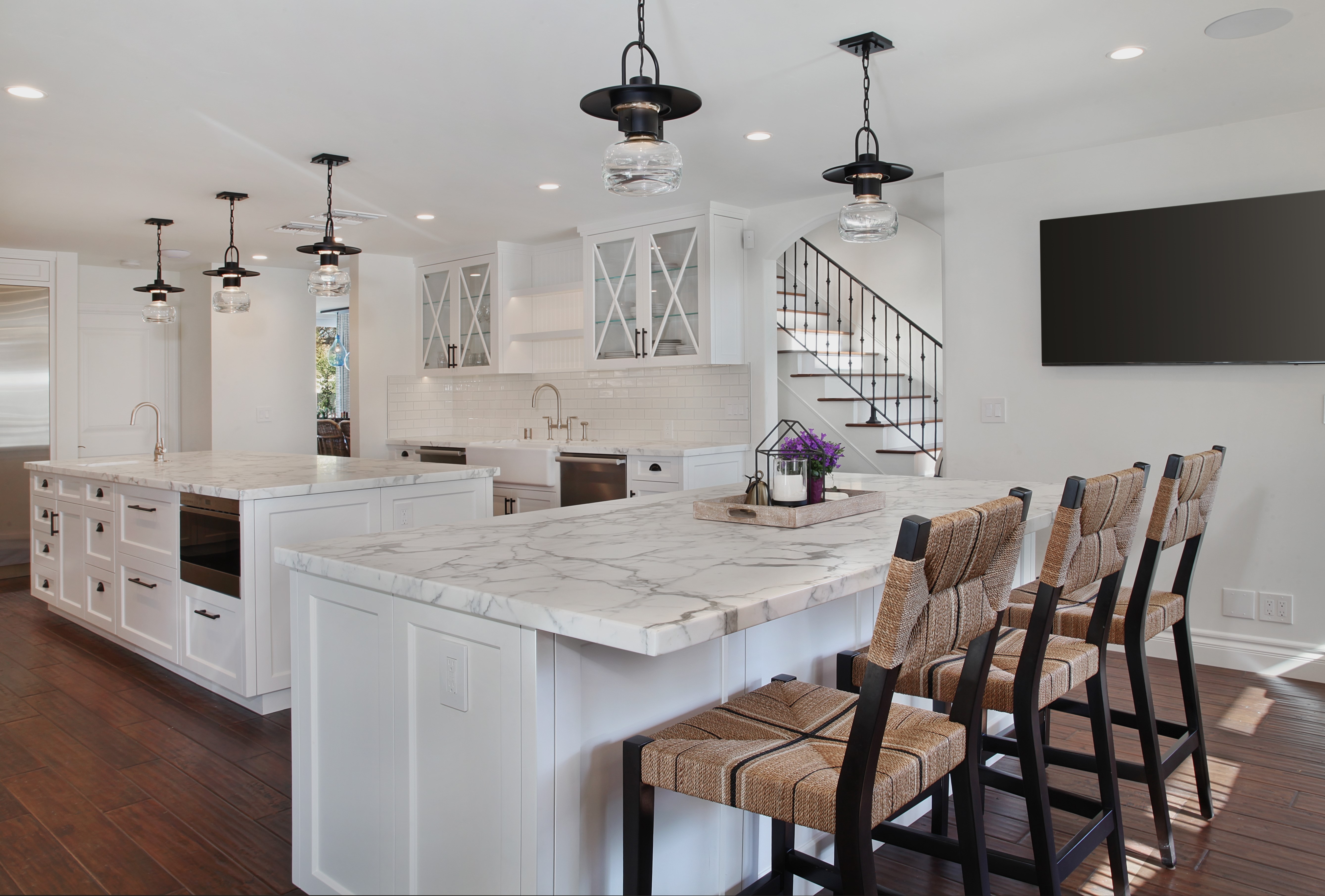 Modern Kitchen with Island and Bar Stools HD Wallpaper