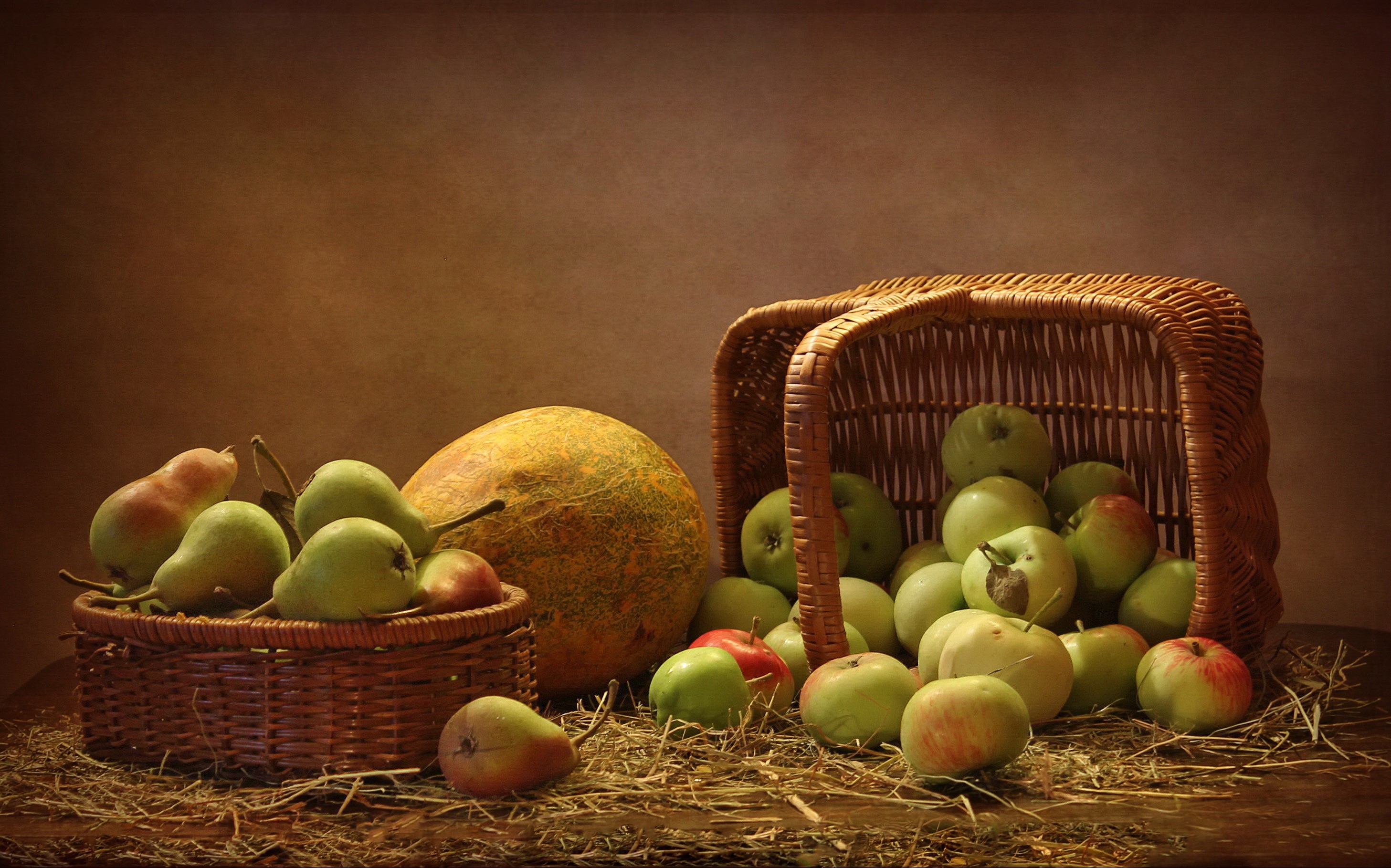 Still life of apples, pears, and a melon in a basket HD Wallpaper