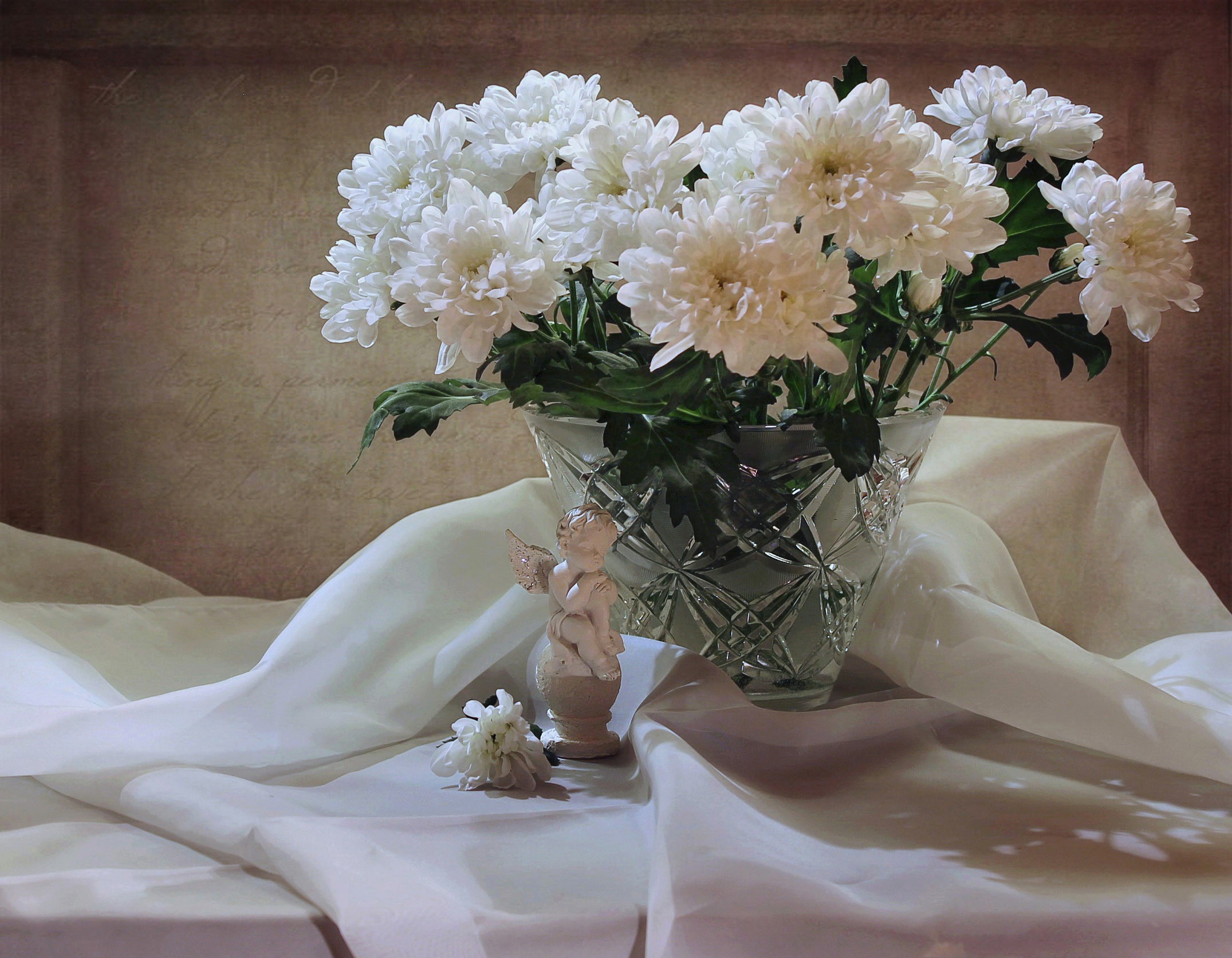 White Chrysanthemums in a Crystal Vase with Cherub Figurine HD Wallpaper