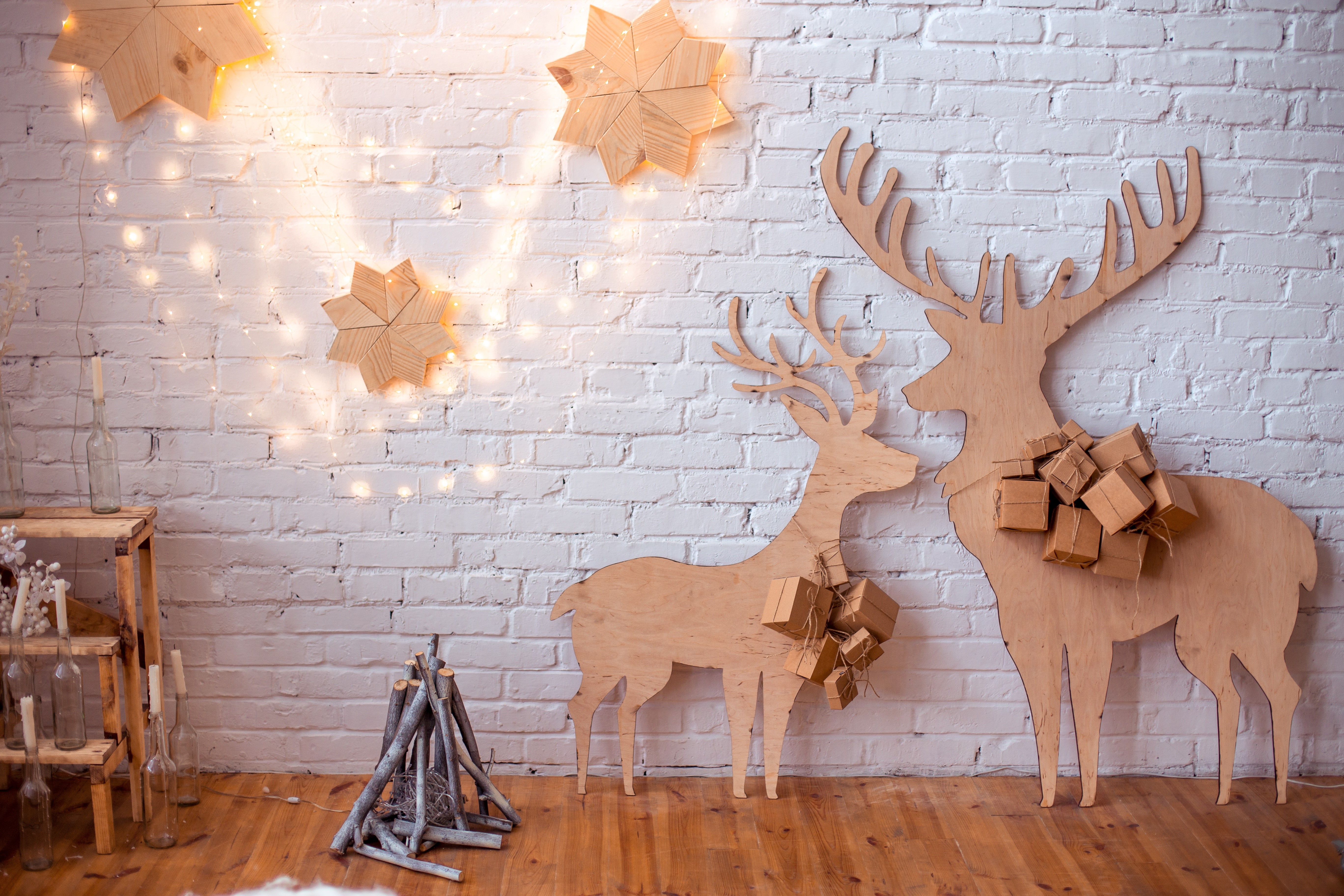 Wooden Deer Christmas Decorations on Brick Wall HD Wallpaper