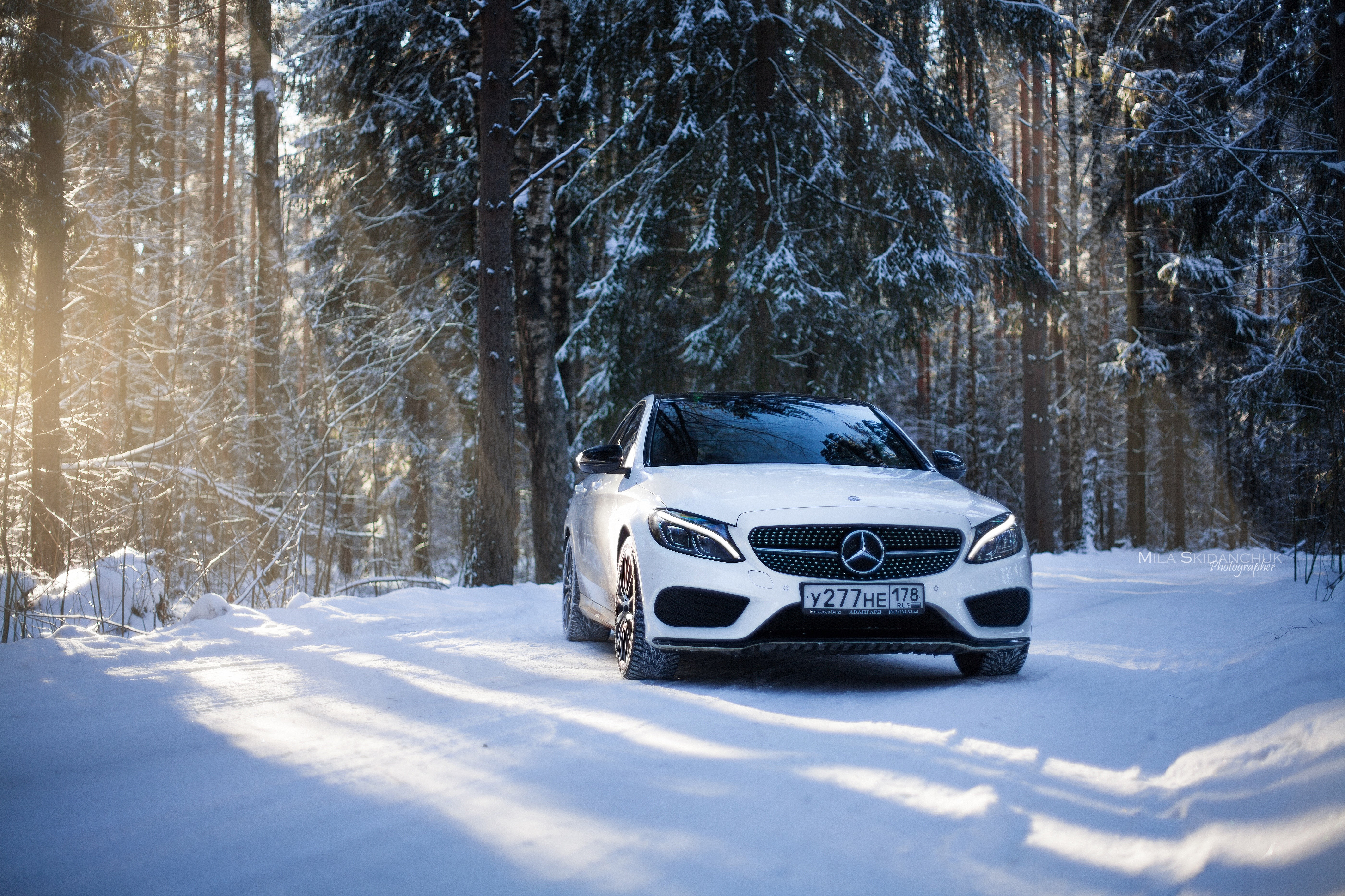 White Mercedes-Benz C-Class in a Snowy Forest HD Wallpaper