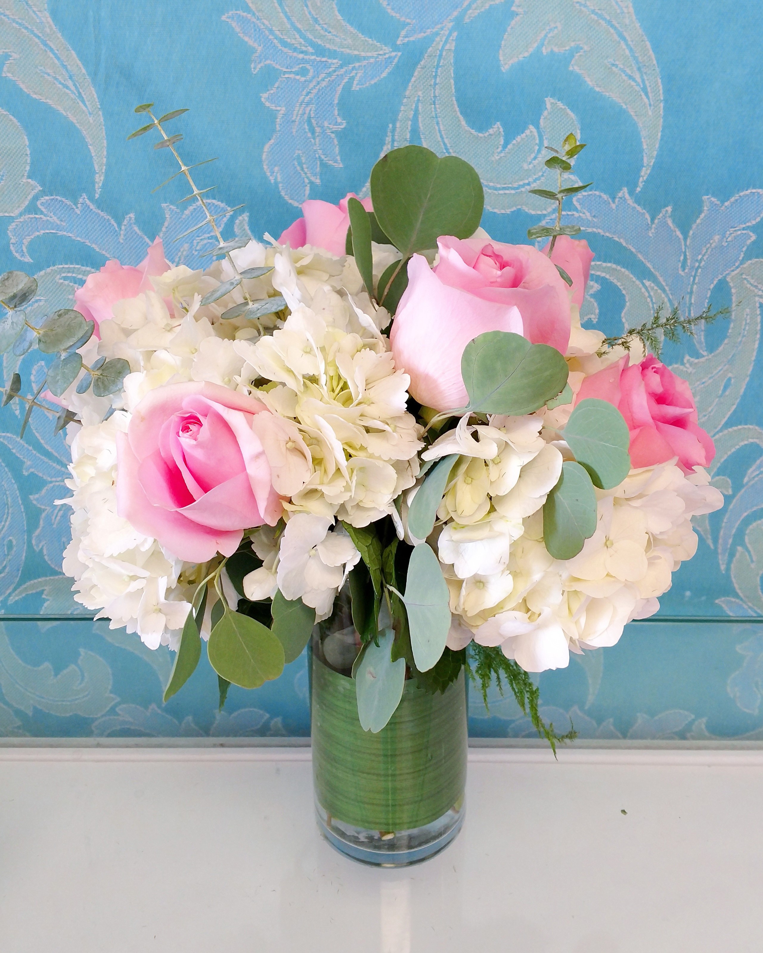 Pink Roses and White Hydrangeas in a Green Vase HD Phone Wallpaper