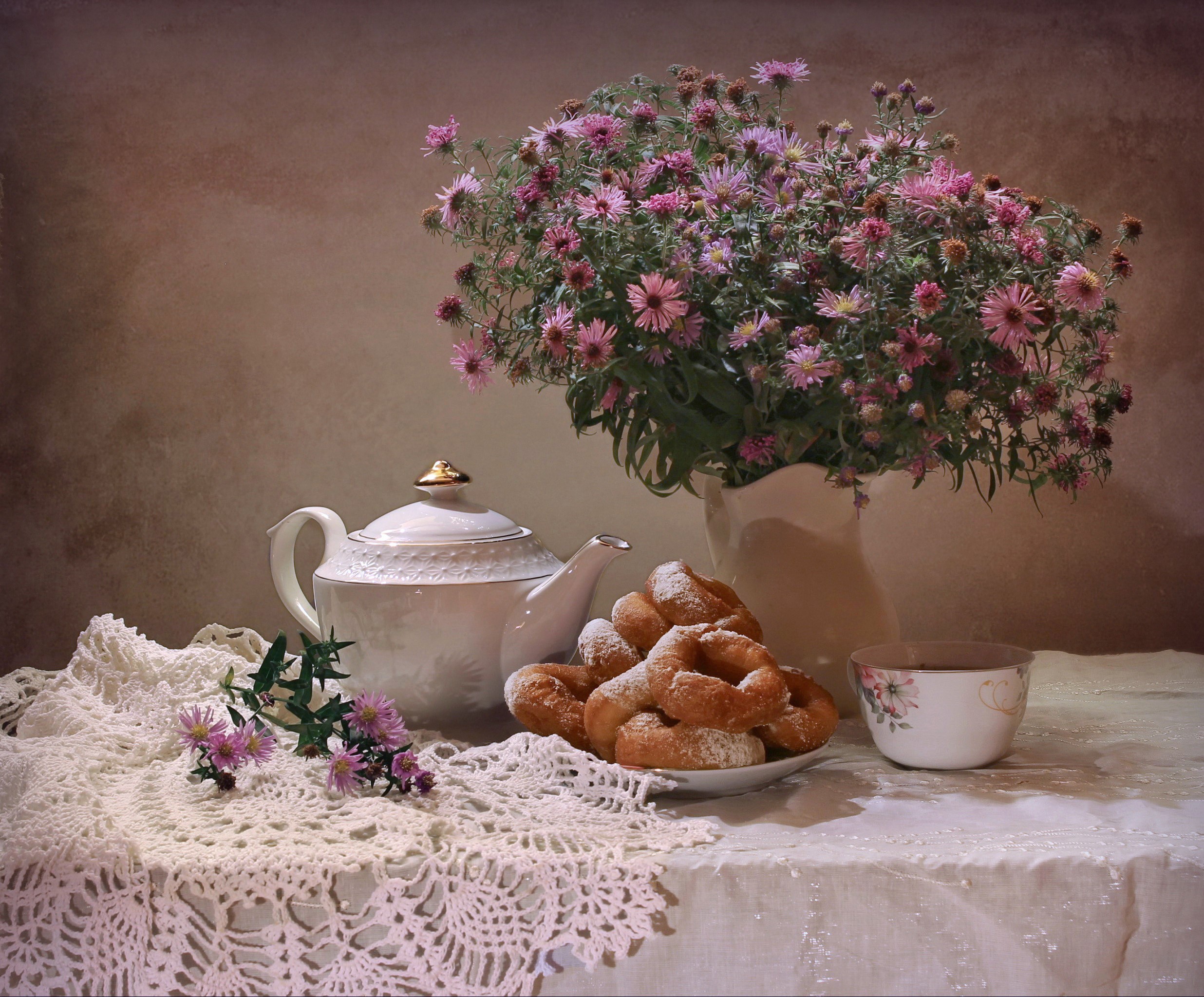 Still-life with asters, donuts, kettle, and cup HD Wallpaper