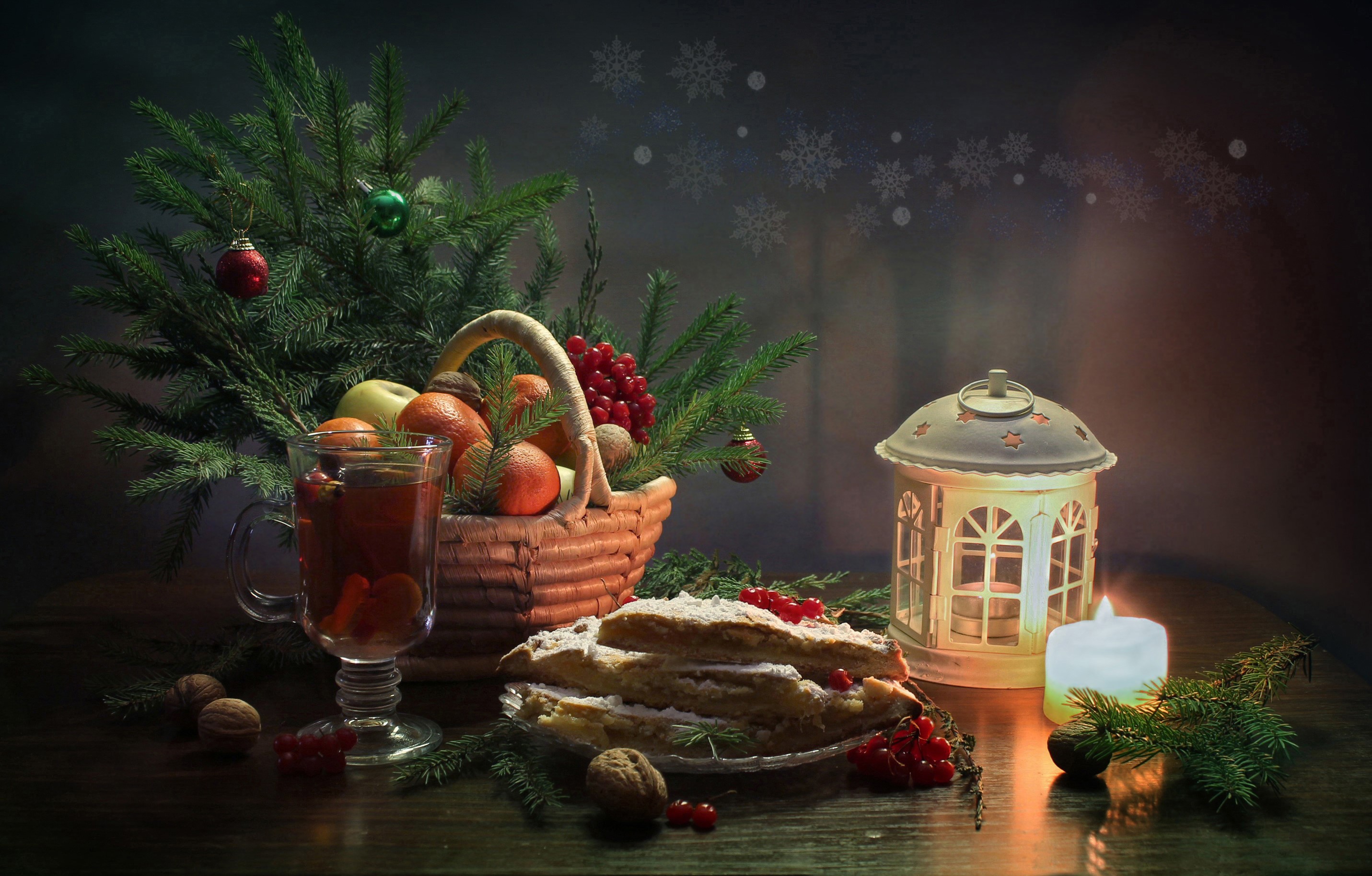 Christmas still-life with fruit basket, cake, and lantern HD Wallpaper